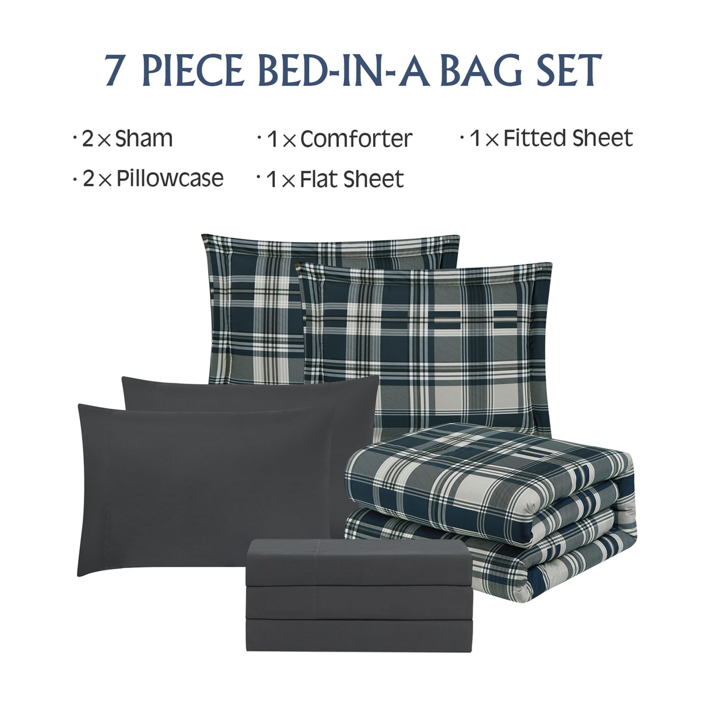 MaiRêve Queen Comforter Set, Plaid Design Comforter Set 7 Pieces, All Season Comfortable Bedding Sets Queen, Lightweight, Warm and Breathable (Navy Blue, Queen, 90"x90")