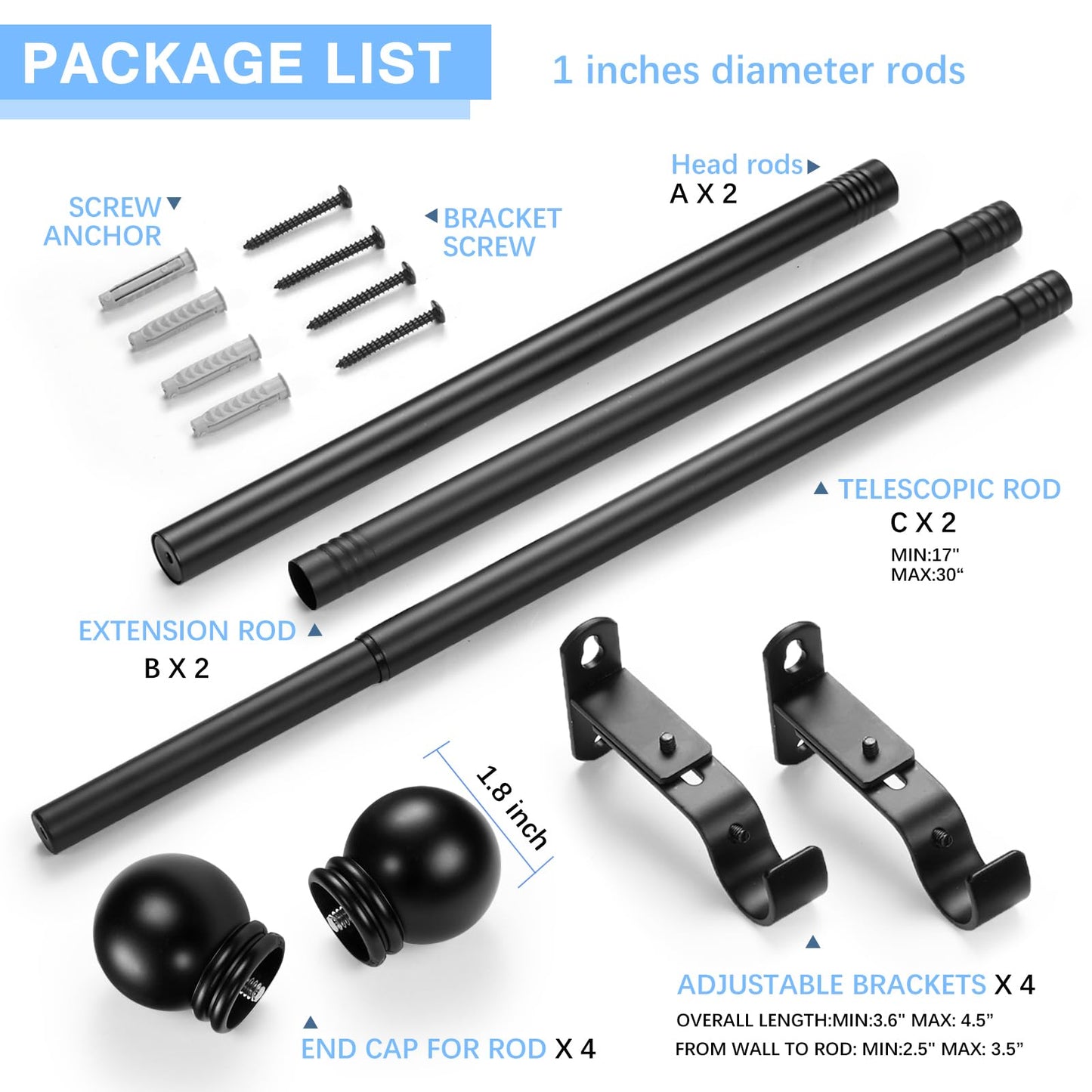 AMZSEVEN Curtain Rods for Windows 16 to 48 Inches, Curtain Rod Max Adjustable Length of 60 IN, 1" Diameter Drapery Rods Round Finials, Black, Pack of 2