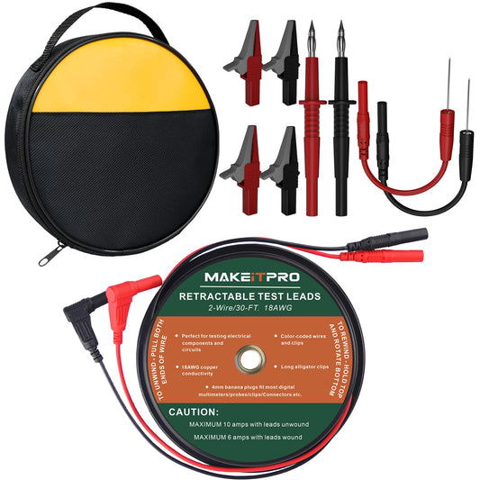 MAKEITPRO 2 Wires 30FT 18AWG Retractable Test Leads with Cable Bag and Dual Ended Electrical Alligator Clips Test Probe Lead Wire Cables for Circuit Connection/Electrical Testing and Troubleshooting