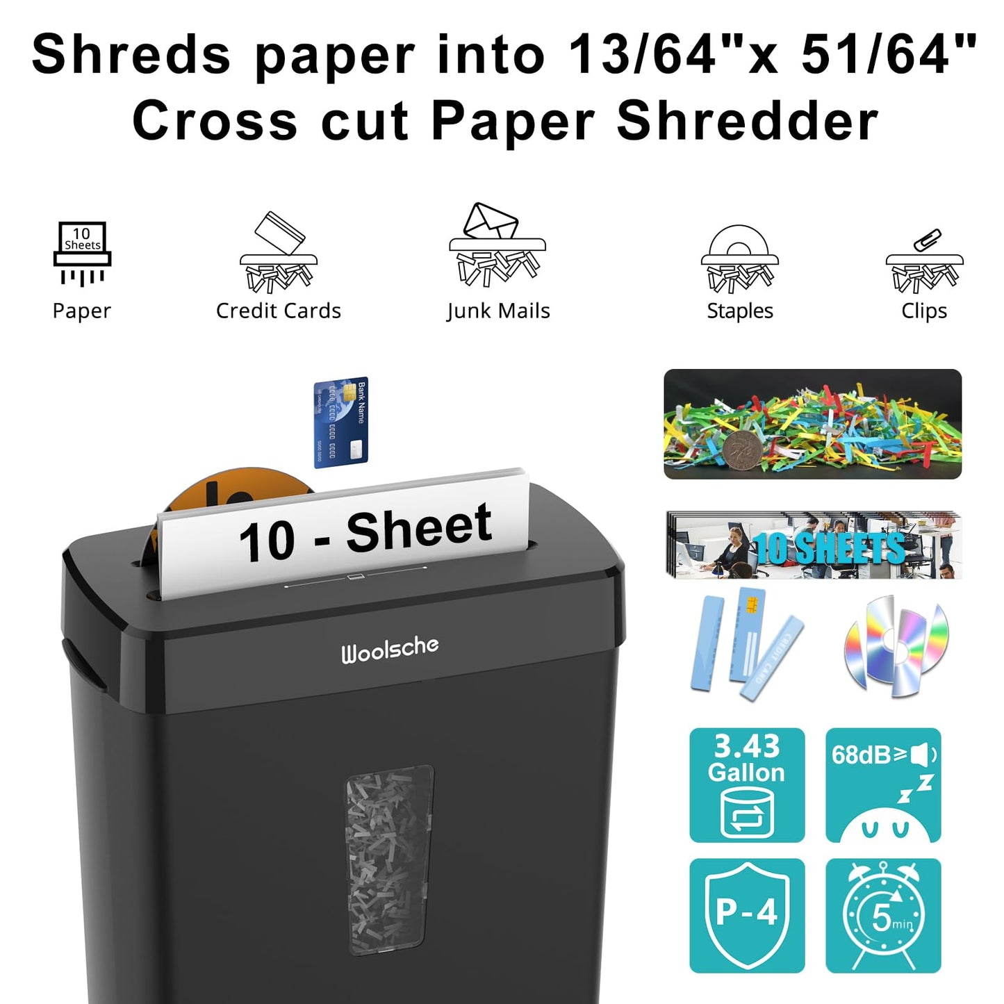 Paper Shredder for Home,10-Sheet Cross Cut with 13L Basket, P-4 Security Level,3-Mode Design - Shreds CD and Credit Card,Shredders for Home Use