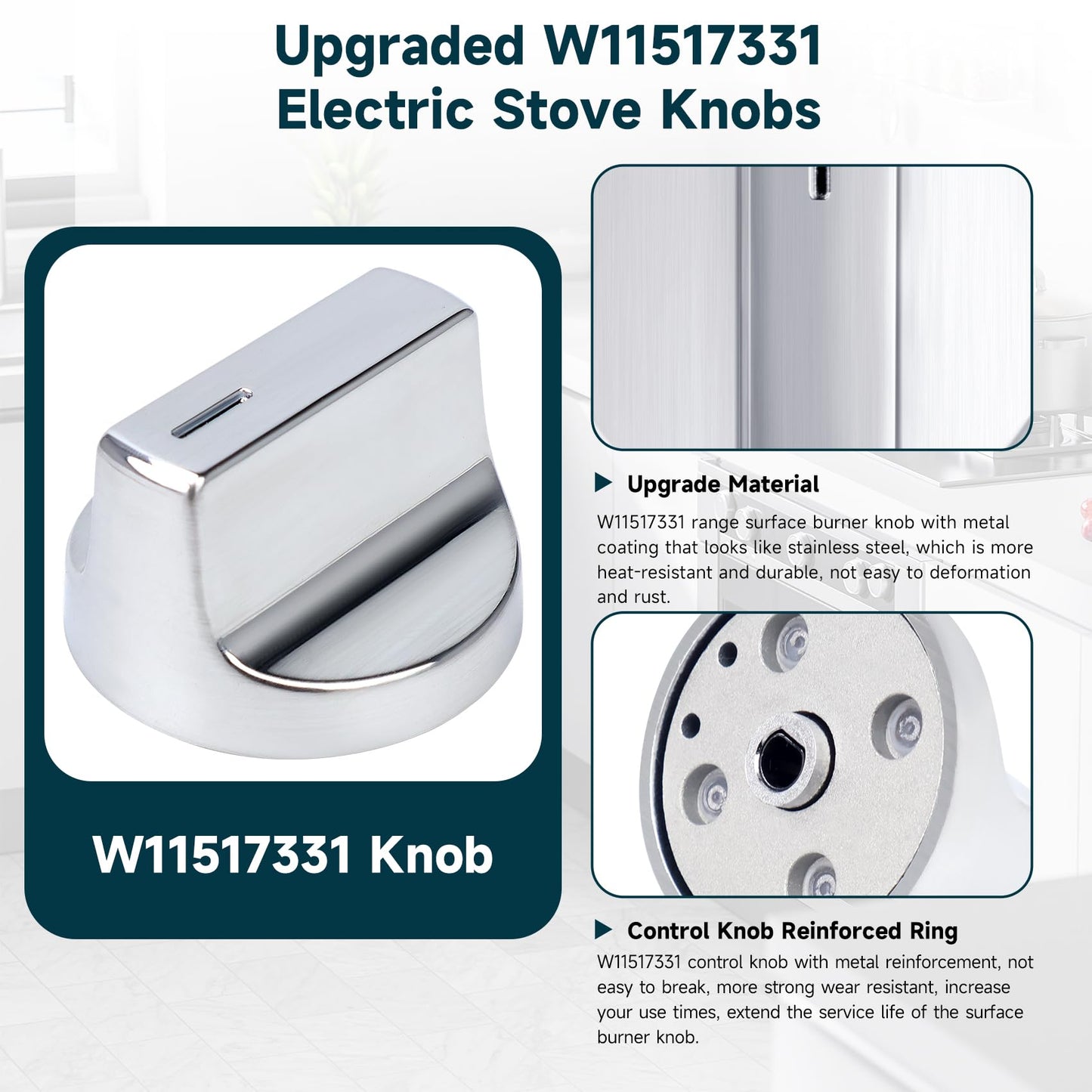 W11517331 for Whirlpool Electric Range Knobs (4pcs) Replace W10850027 W11117415 W11458840 Oven Knob, Compatible with Whirlpool WEC310S0LS1, WEE515S0LZ1, WEC310S0LS2, WEE515S0LS1 Electric Range Knob