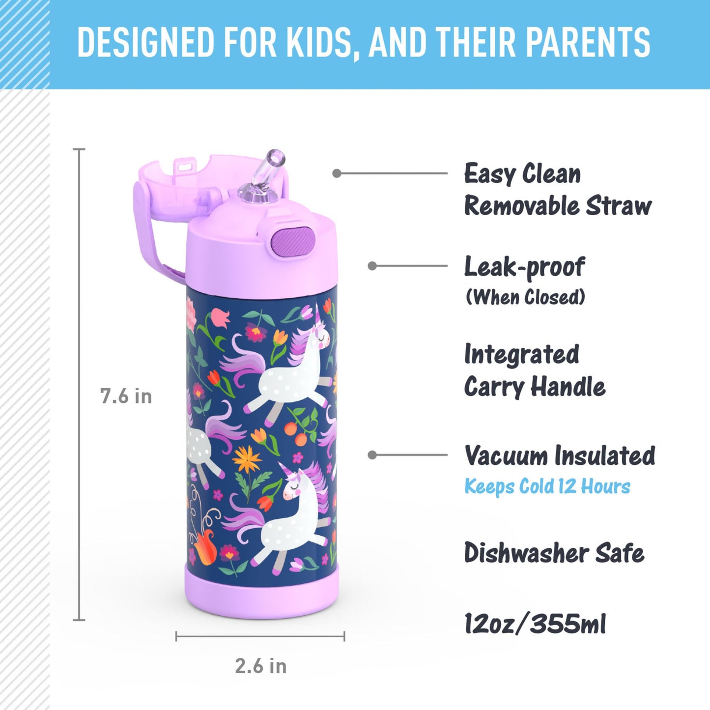 THERMOS FUNTAINER Water Bottle with Straw - 12 Ounce - Kids Stainless Steel Vacuum Insulated Water Bottle with Lid, Unicorn Blooms