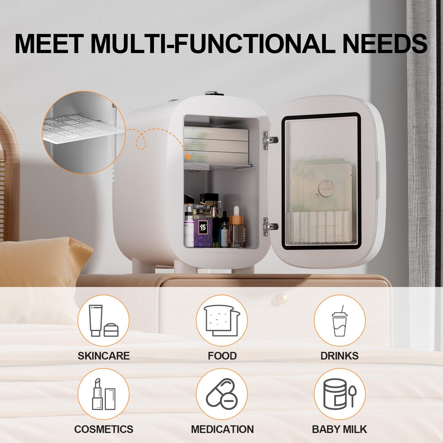 LIGIANT Skincare Fridge, Mini Fridge With 3-Level Dimmable LED Light Mirror, Low Noise Refrigerator, 4L Large Capacity, Cooler & Warmer, Portable Design for Multiple Uses - Bedroom, Office, and Travel