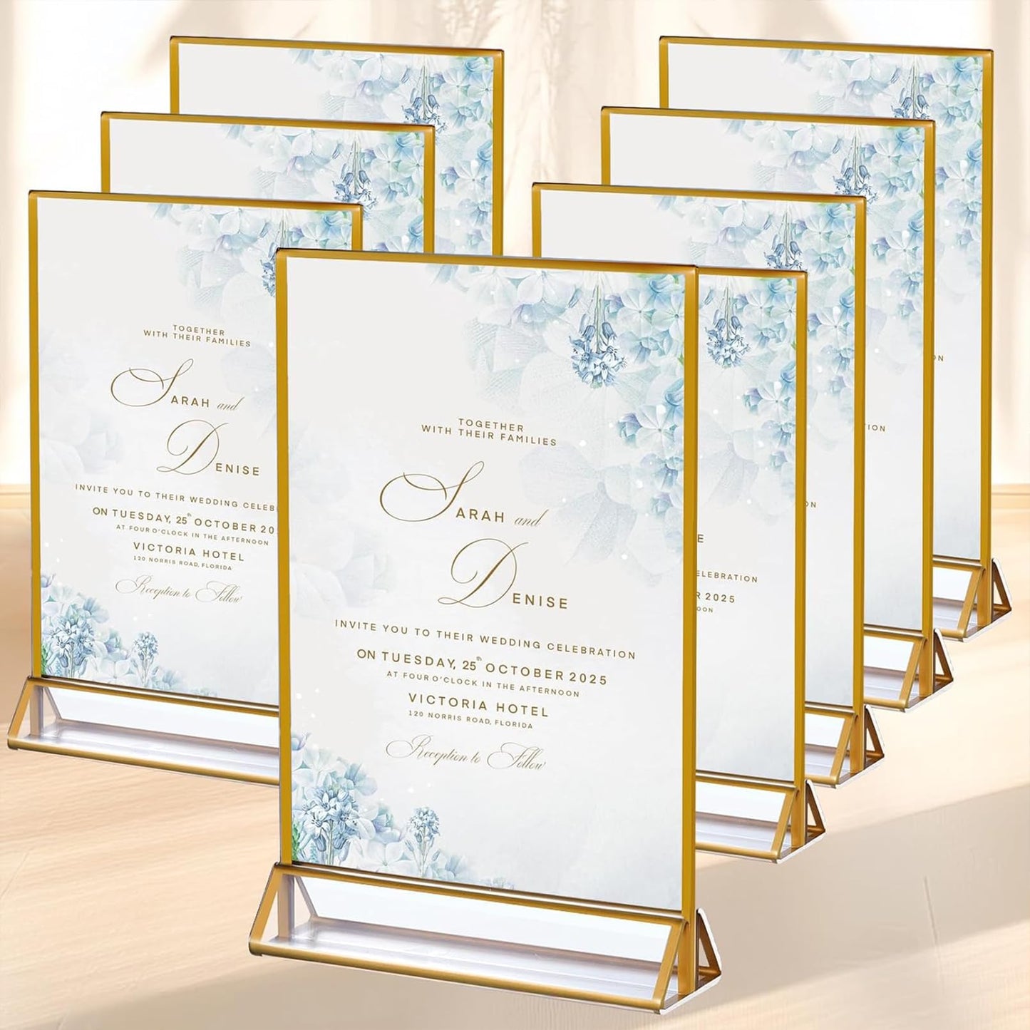 PIEMEET 18 Pack Acrylic Sign Holder with Golden Border, 4 X 6 Clear Sign Holders, Double Sided Gold Picture Frame, Gold Flyer Holder Vertical Stand, Table Menu Stands for Wedding Tables Sign Display
