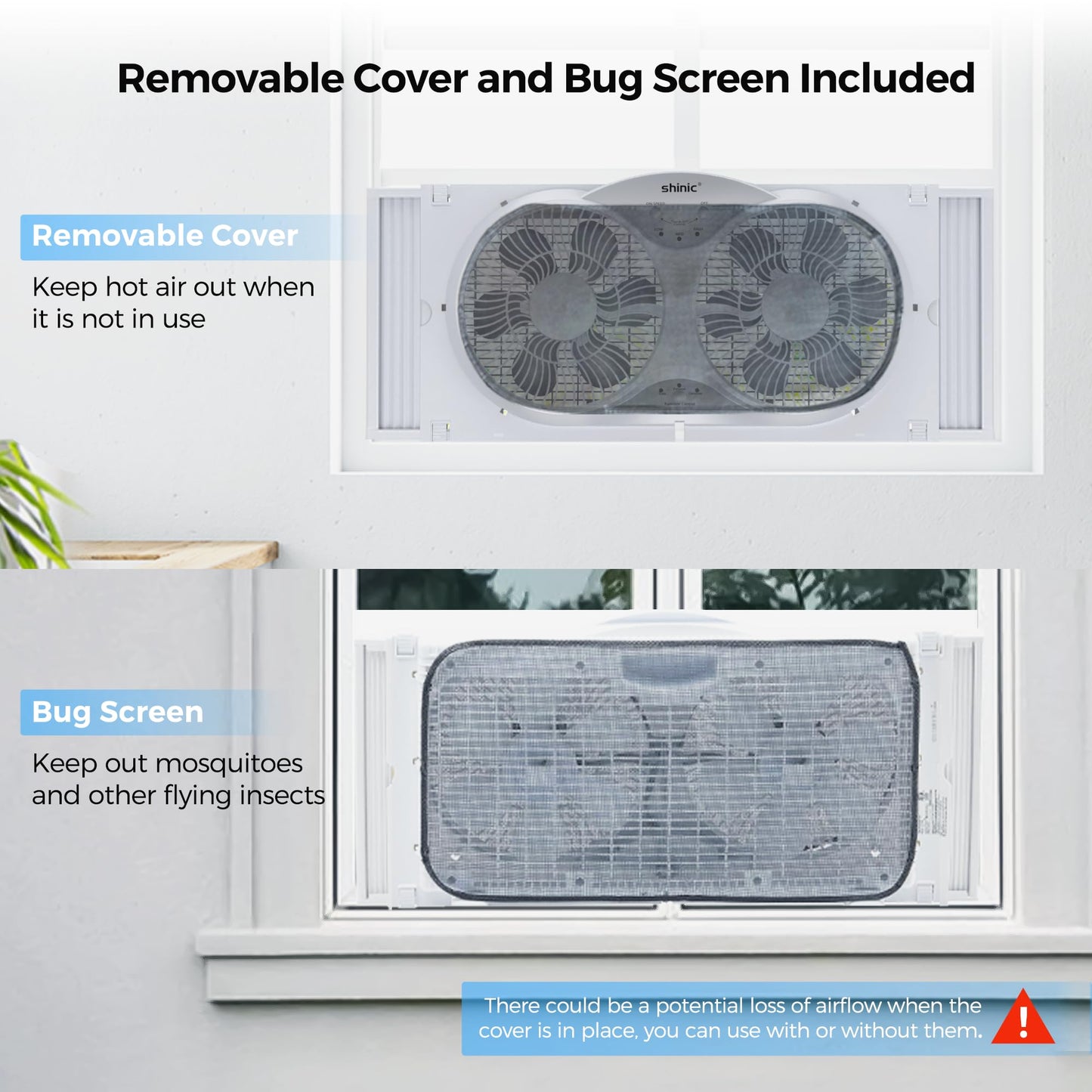 shinic 9" Twin Window Fan with Remote,ETL Certified Reversible Airflow Exhaust Fan for Home,3 Speeds 3 Modes Air Circulator with Bug Screen,Fits Windows 24"-37" White