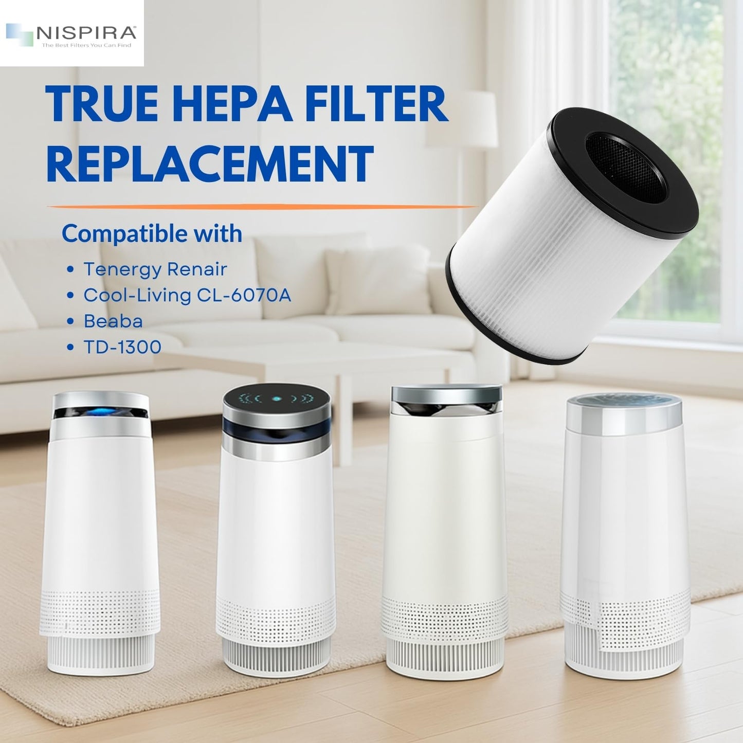 Nispira TD-1300 CL-6070A TAP01 4-in-1 True HEPA Replacement Filters Compatible with Tredy TD-1300, Tenergy Renair, Cool-Living, BEABA Nursery Air Purifier, 2 Packs