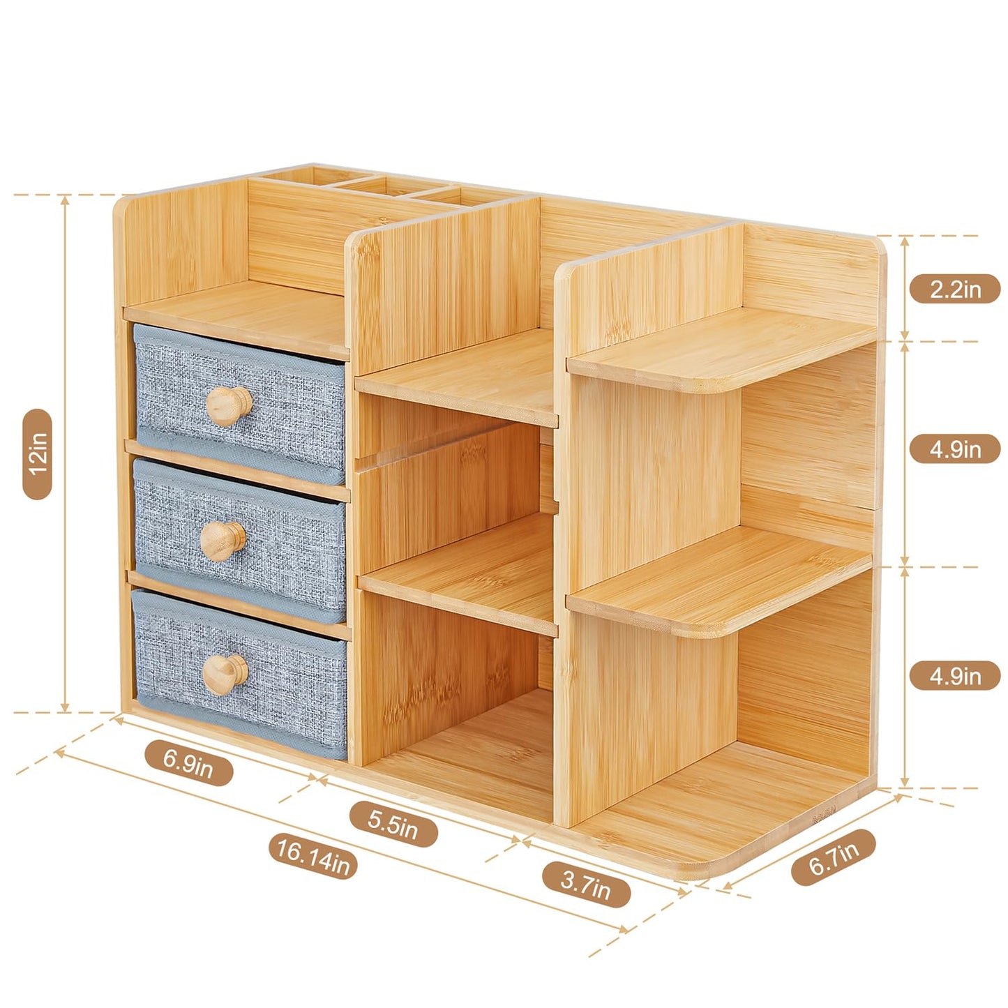 Makeup Organizer Countertop, Cosmetic Skincare Organizers With 3 Makeup Brush Holders/3 Drawers/7 Storage Shelves, Elegant Bamboo Make Up Storage Organizers Holder For Counter Vanity Dresser Bathroom