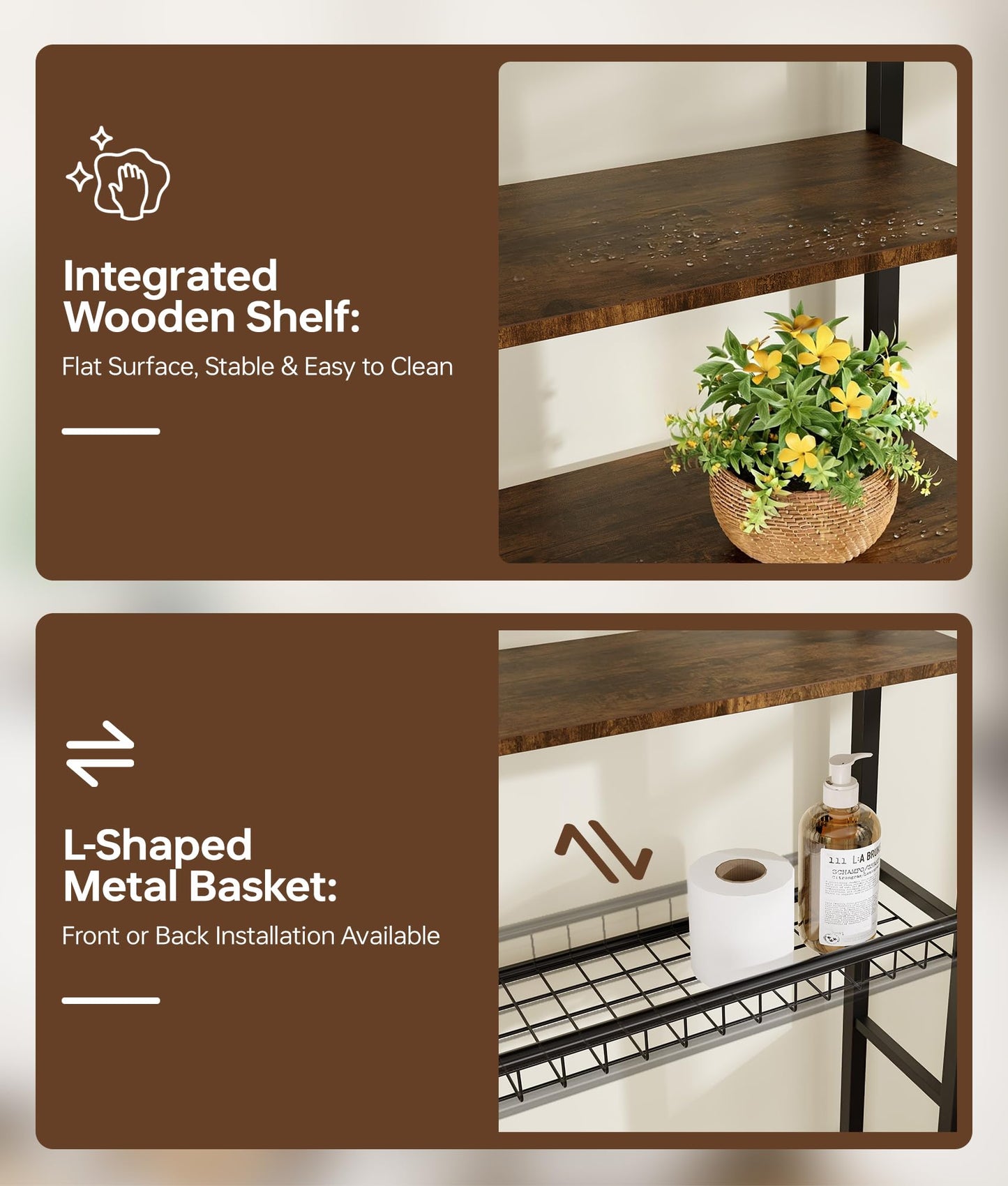 4-Tier Over-the-Toilet Storage Rack with One-Piece Wooden Shelves & Open Net Basket, Bathroom Organizer with Adjustable Feet & Anti-Tip Kit, Space-Saving Toilet Shelf, Brown, 24.4" x 9.4" x 69.3"