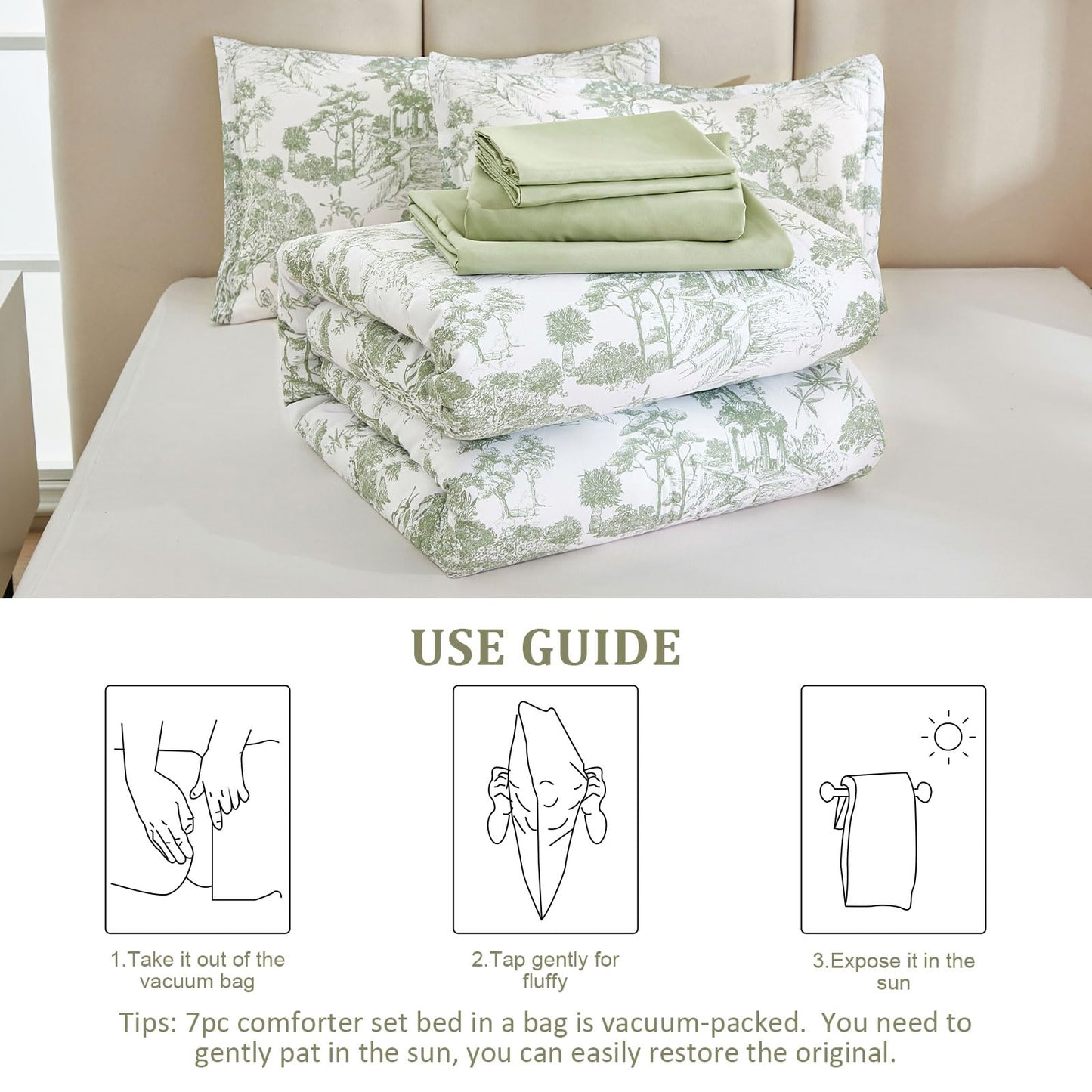 DJY Sage Green Comforter Set King, 7 Pieces Bed in a Bag King Size Botanical Comforters with Sheets Elegant Plants Print Soft Microfiber Reversible Complete Bedding Sets for All Season