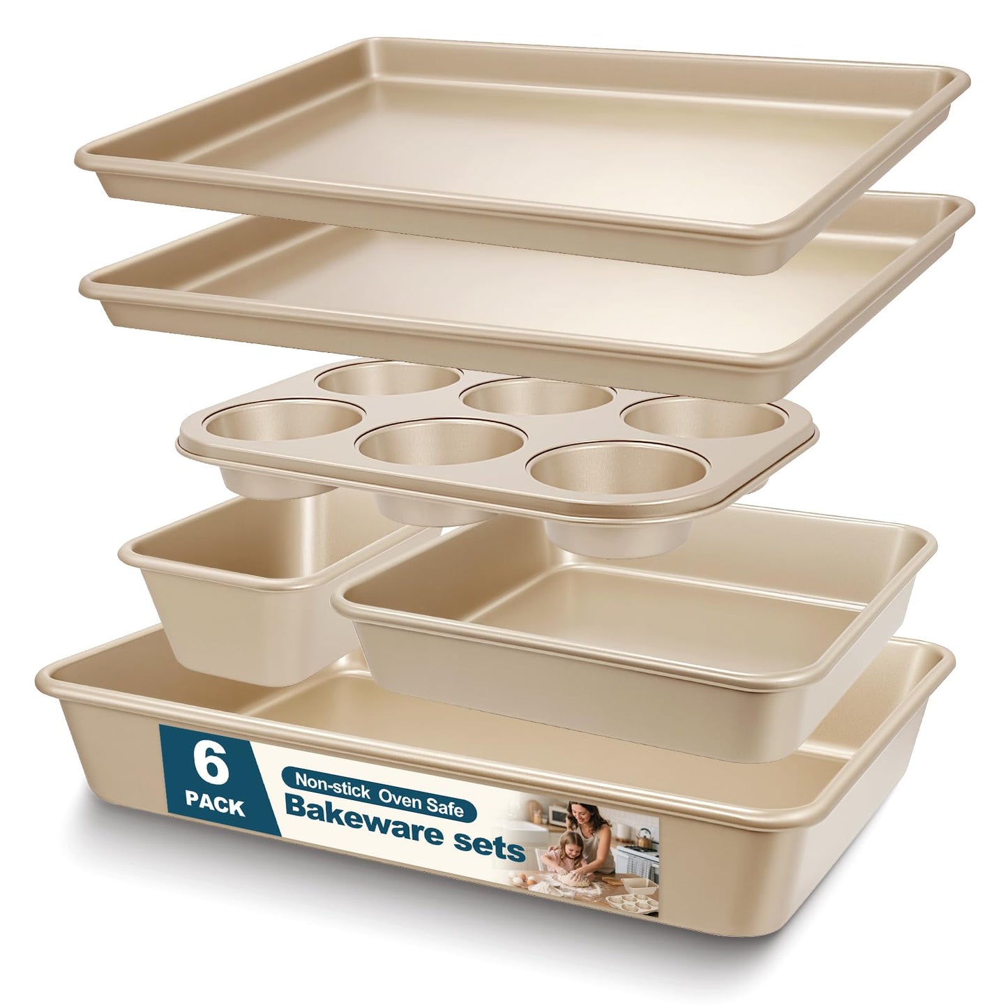 Baking Pans Set, Nonstick Stackable Bakeware Sets, Oven Pans for Cooking, AIVIKI 6 Pieces Baking Sheets Set Including Cookie Sheet, Deep Roaster Pan, Square Pan, Loaf Pan, Muffin Pan, Carbon Steel