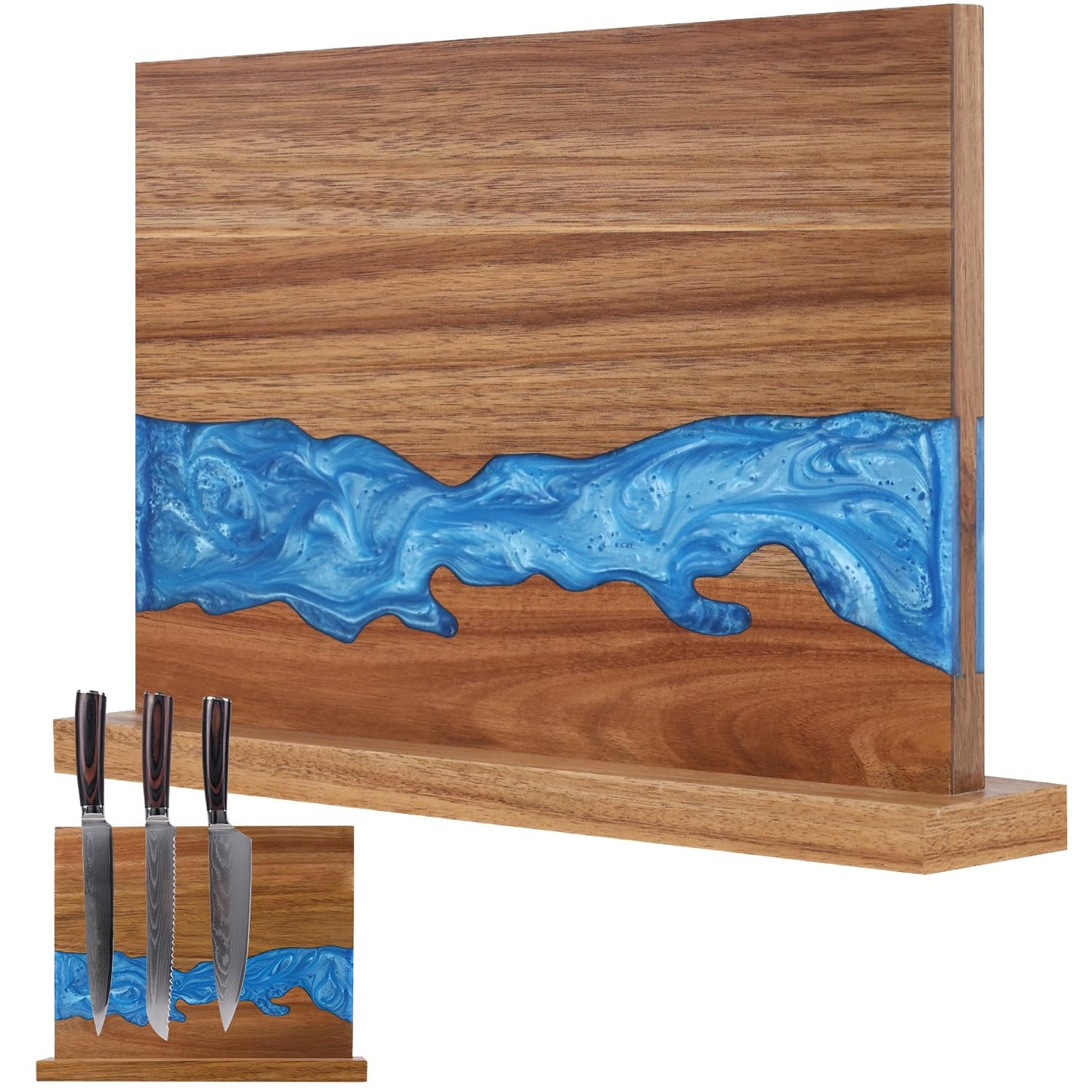 Ayiusideza Magnetic Knife Block | Double Sided Magnetic Knife Holder | Acacia Wood Magnetic Knife Rack | Magnetic Knife Storage Stand for Kitchen Counter, Blue Resin River, 12.59×9.84IN (No Knife)