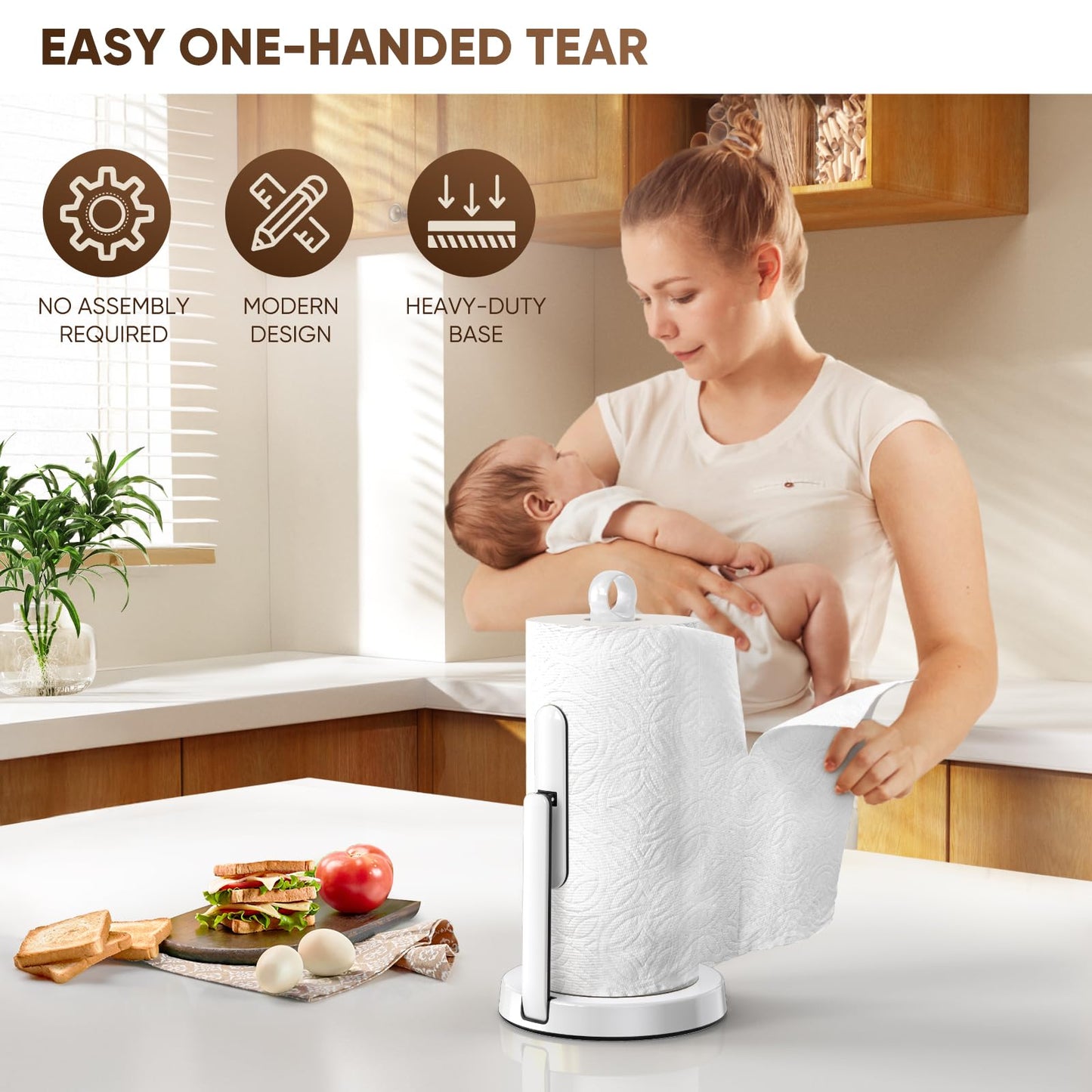 theaoo Heavy-Duty Stainless Steel Paper Towel Holder with Tension Arm – Easy One-Handed Tear, Modern Standing Countertop Dispenser for Kitchen, Holds All Paper Towel Rolls (1, White)