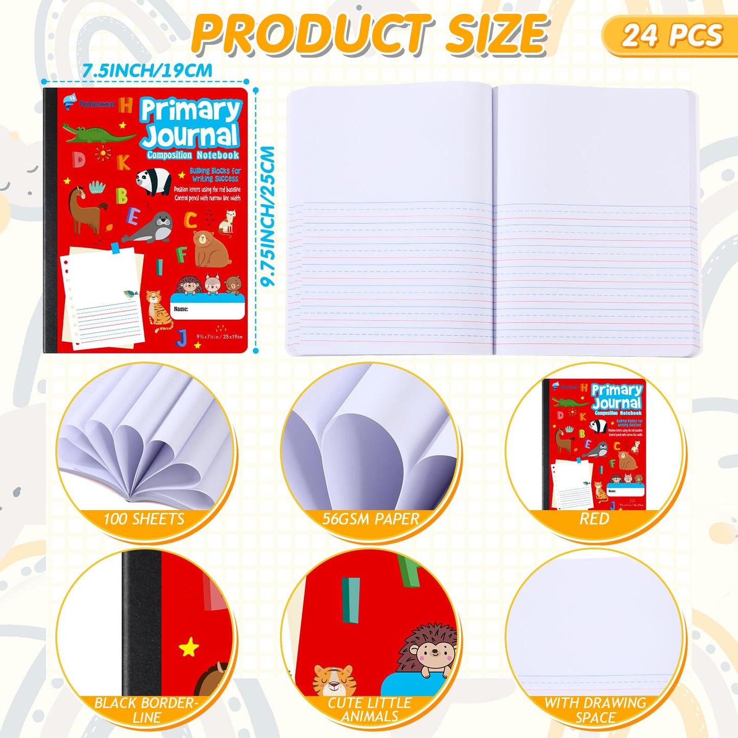 Fulmoon 24 Pcs Primary Composition Notebook K-2 with Picture Space Primary Journal Grades K-2 Draw and Write Journal Composition Book for Preschool Classroom, 80 Sheet (Red)