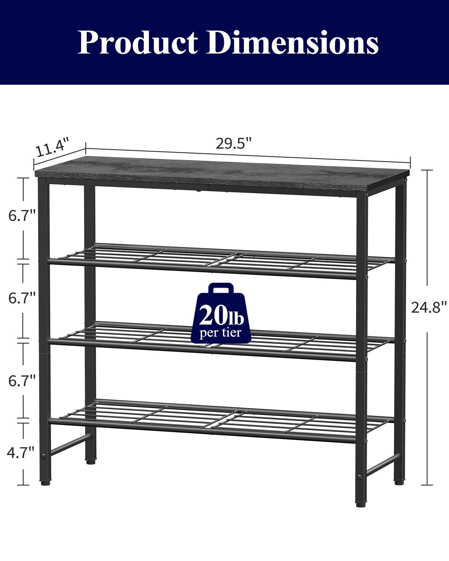 Kitsure Shoe Rack for Closet, Shoe Organizer with Leveling Feet, Sturdy & Rust-Proof Shoe Storage for Entryway, Bedroom, Living Room, 29.5" x 11.4" x 24.8", Black