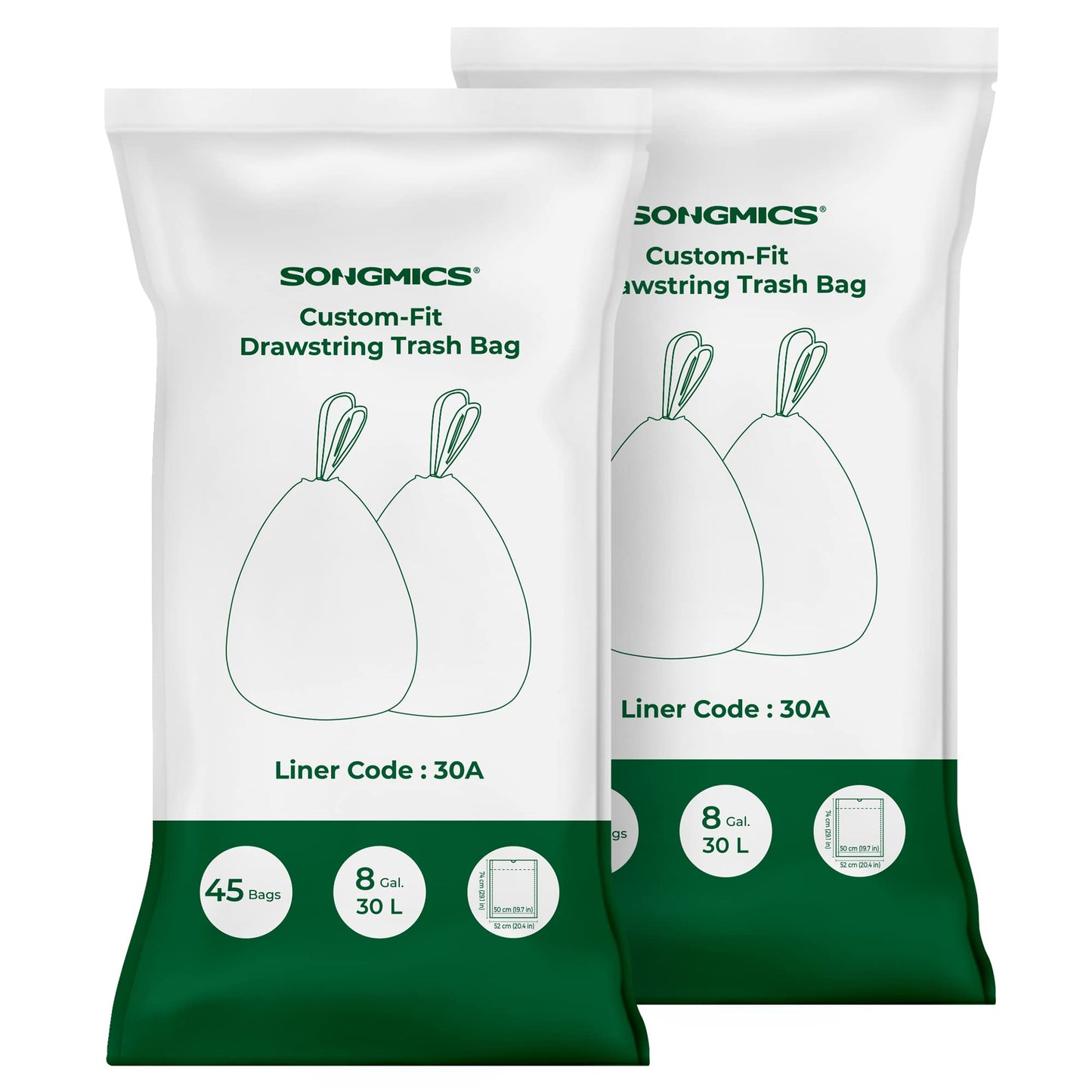 SONGMICS Trash Bags, Drawstring Kitchen Garbage Bags, Pre-Separated, Box-Free Pack, for 8-Gallon (30 L) Trash Cans, Liner Code 30A, 2 Rolls, 90 Count, White UKRB30A02