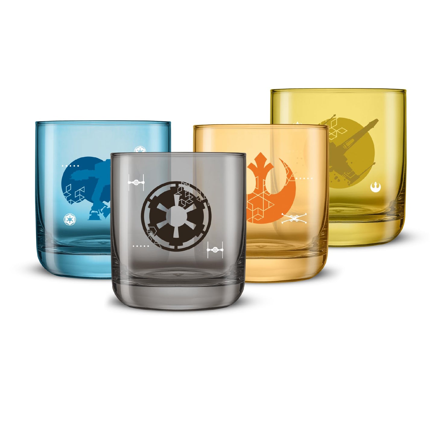 JoyJolt Star Wars Galactic Icons Short Drinking Glasses Set of 4, 10oz Glass Tumbler Cup Set, Kitchen Glasses Set, Colored Collectible Glassware, Star Wars Gifts
