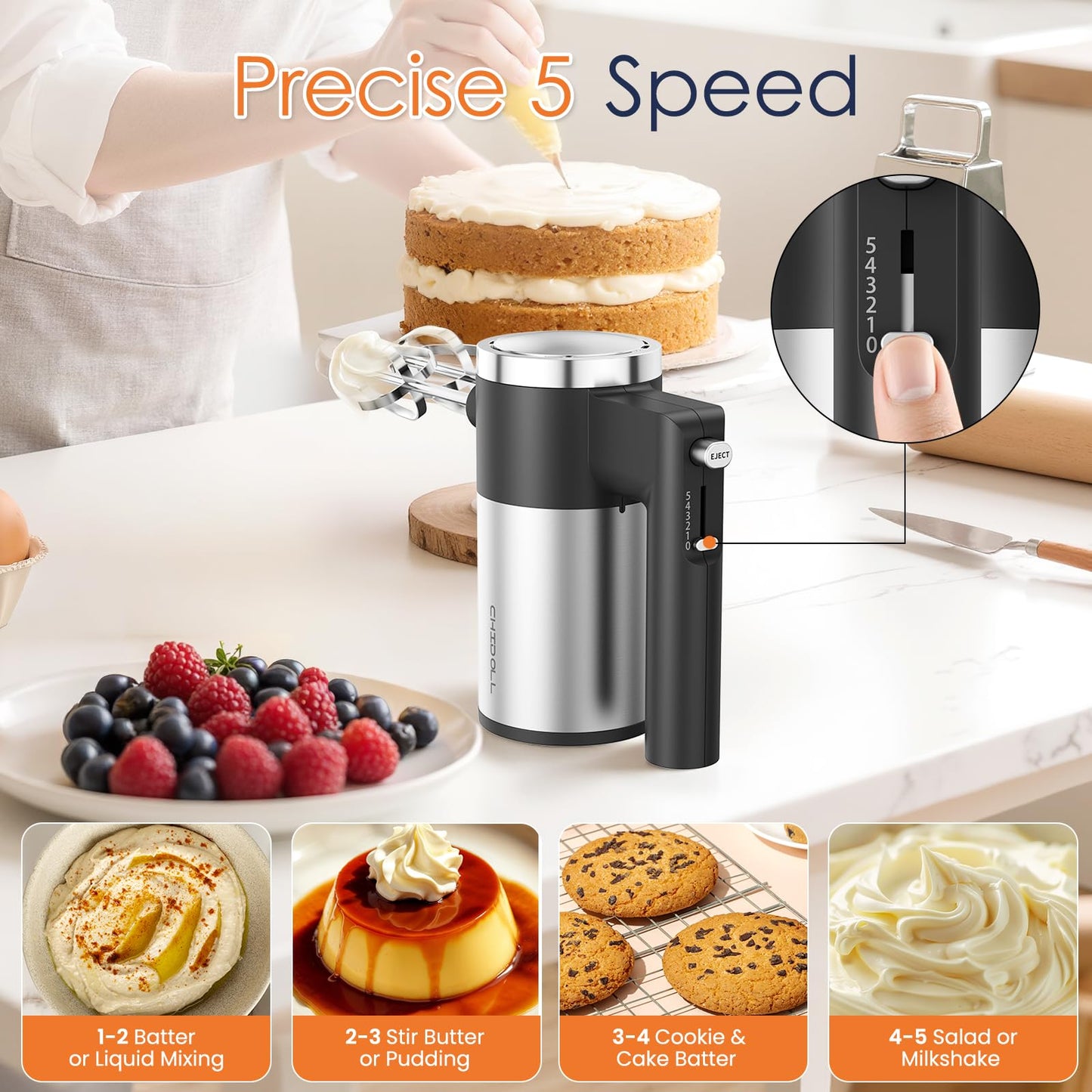 CHIDOLL 600W Hand Mixer, 5-Speed Electric Hand Held Mixer for Baking, Lightweight Stainless Steel Hand Beaters *2 & Dough Hooks*2 with Eject Button, Kitchen Mixer for Cream, Cookies, Dough