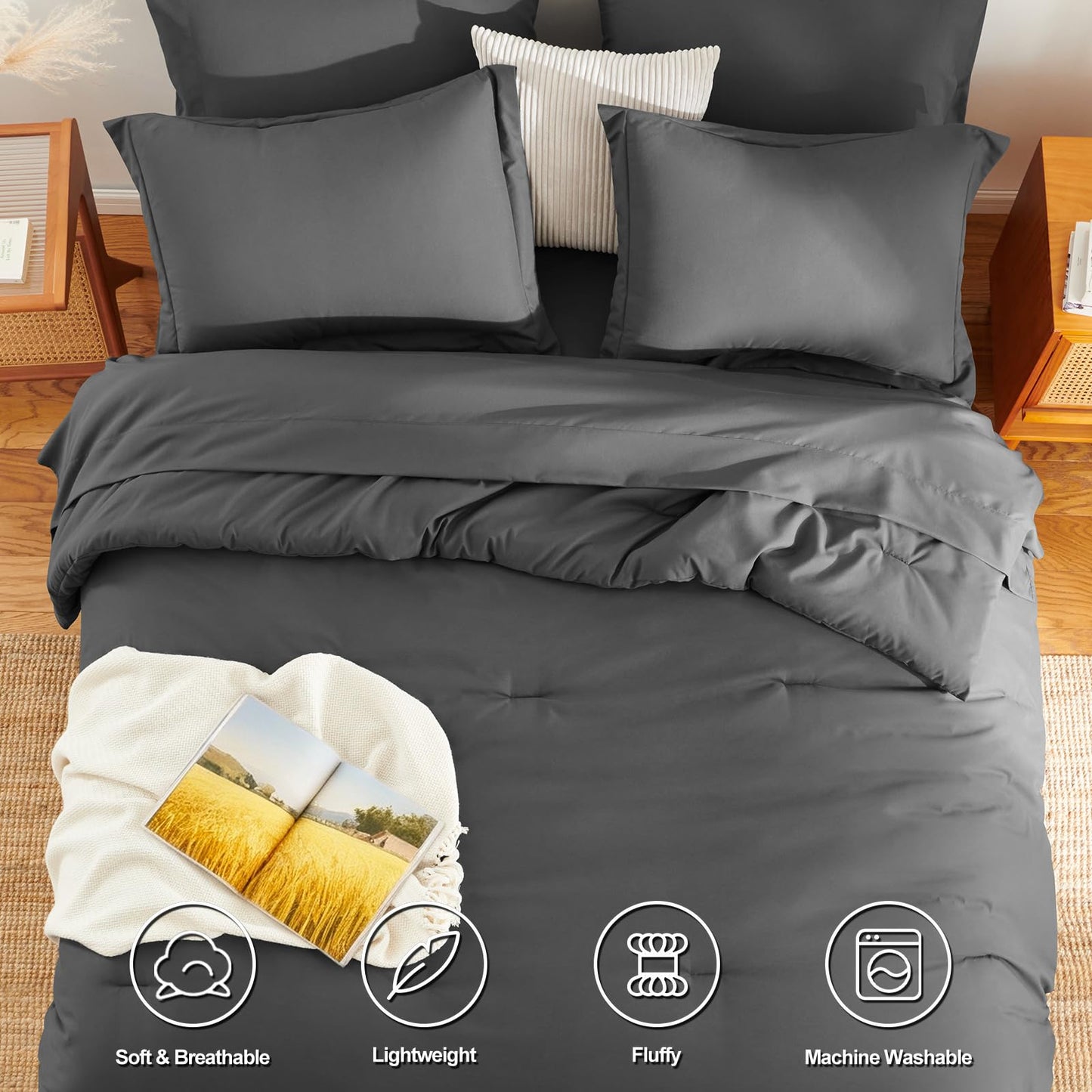 HIMEET Queen Comforter Set - 7 Pieces Bed in a Bag Queen Size, Luxury Comforter Set with Sheets for All Season, Bed Set with Comforter, Flat Sheet, Fitted Sheet, Pillowcases & Shams, Dark Grey