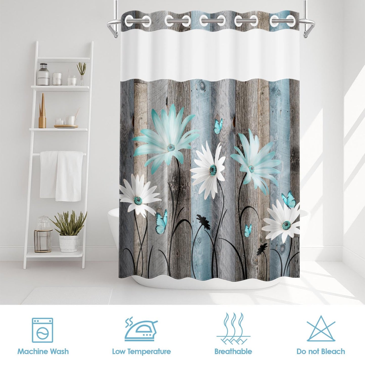 Nesphy No Hook Rustic Farmhouse Shower Curtain with Snap in Fabric Liner Set, Teal Daisy Flowers and Butterfly on Wooden Double Layers Waterproof with See Through Top Bath Curtain 71x74 Inch