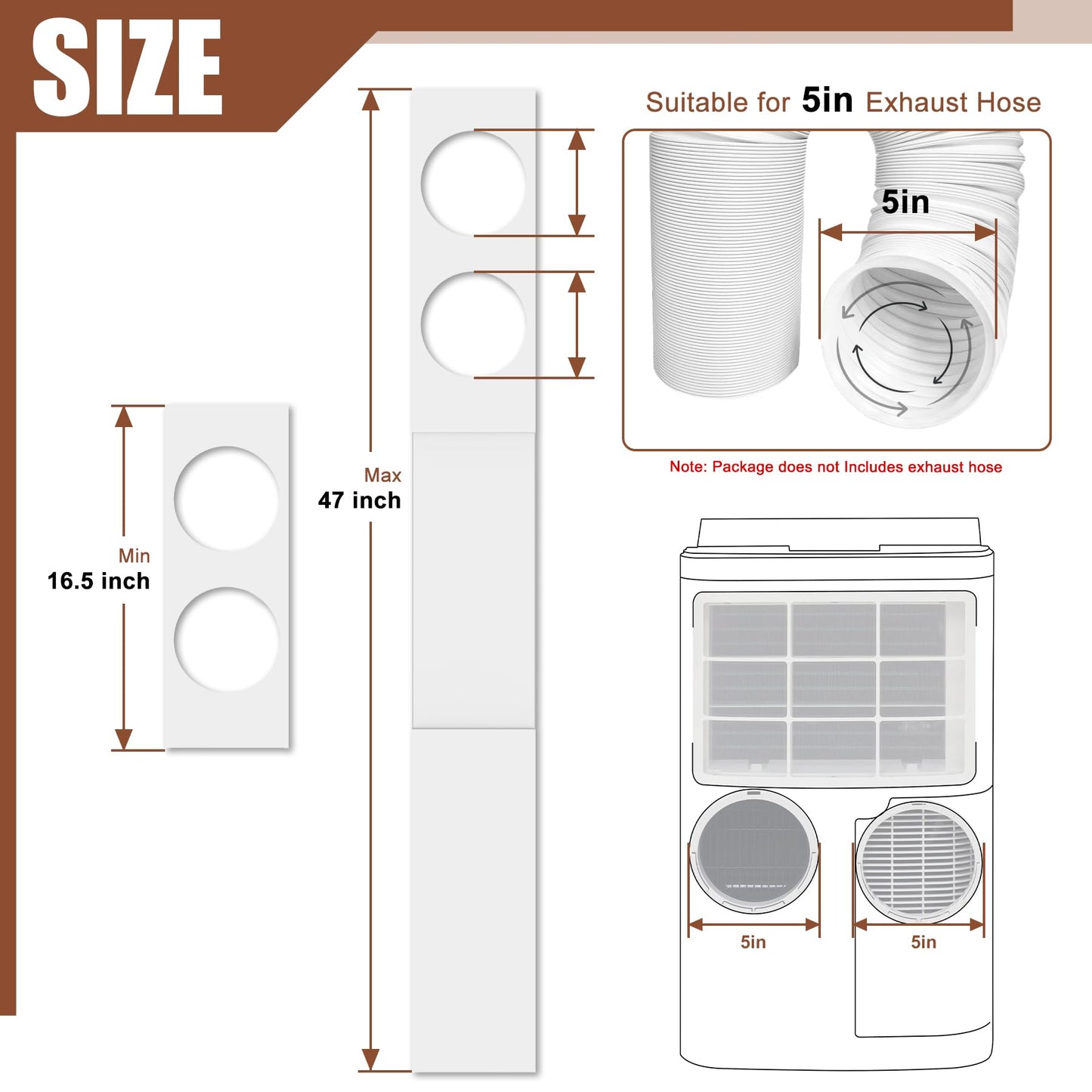 BJADE'S Dual Hose Portable Air Conditioner Window Seal Kit for 5in Portable AC Exhaust Hose with Insulating Sealing Tape,Adjustable Portable AC Window Vent Kit Length from 17" to 47"