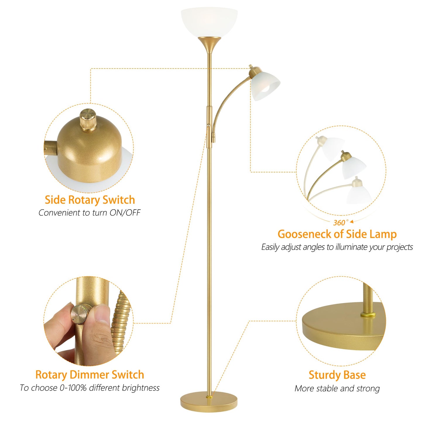 RISLG Floor Lamp, Standing lamp, Stepless Dimming Brightness, Included 9W and 5W LED Bulbs, Lamp for Living Room, Bedroom, Office, Reading