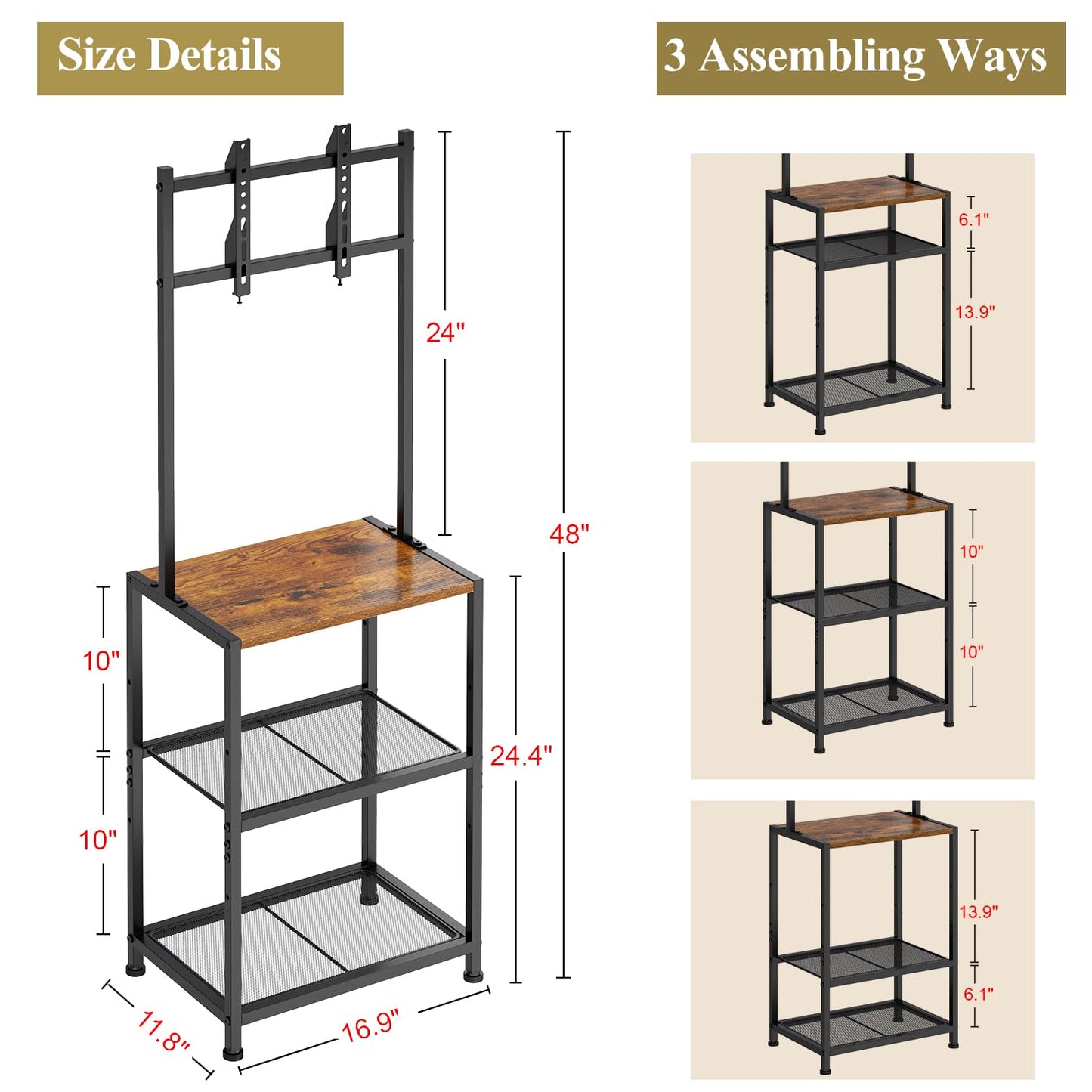 14 Inch to 42 Inch Small Corner TV Stand for Bedroom With 3 Tiers Storage Shelves, Floor Universal Television Stand With Mount For 40 Inch 32 Inch TV,Brown TV Table Shelf With Adjustable Feet, Sturdy
