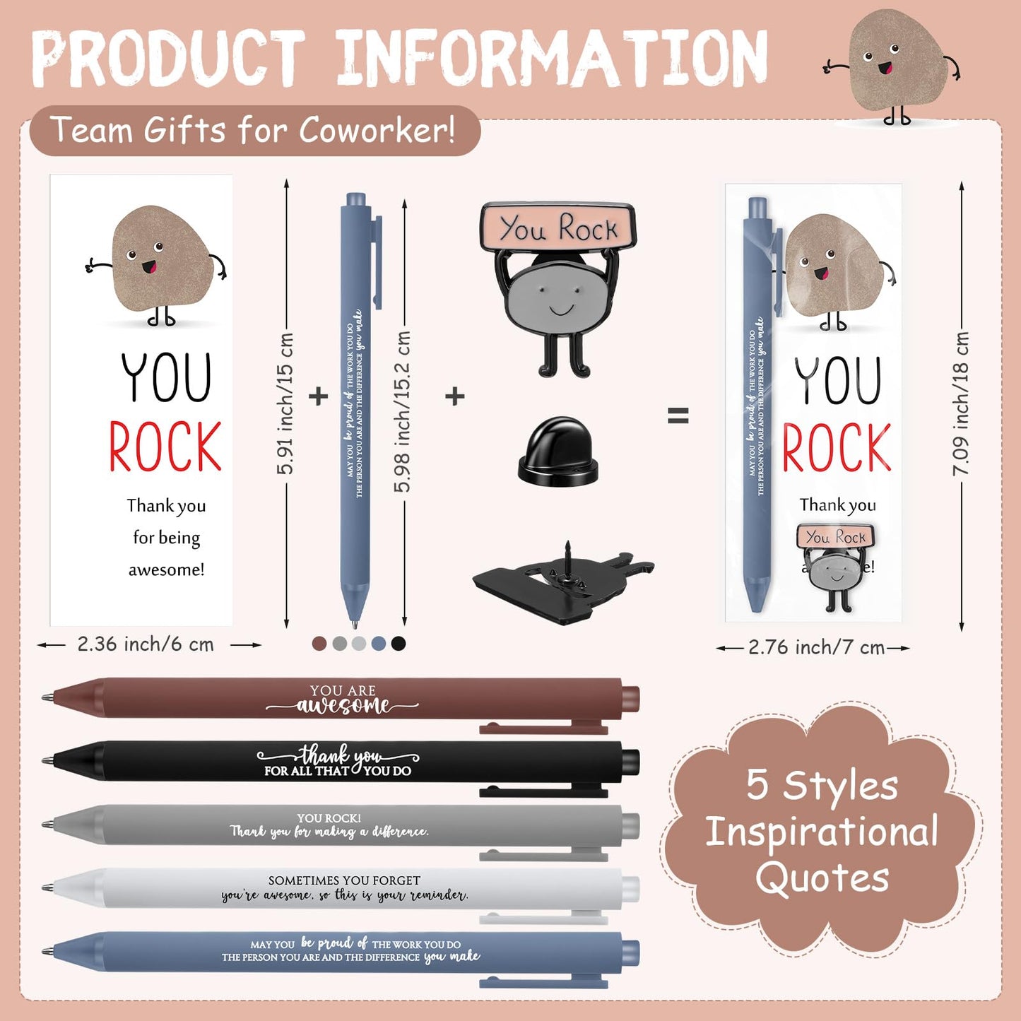 Sayglossy 50 Sets Employee Appreciation Funny Gift Motivational You Rock Gifts Bulk Ballpoint Pens Inspirational Cards Brooch Pin Organza Bags Inspirational Gift for Coworker Staff