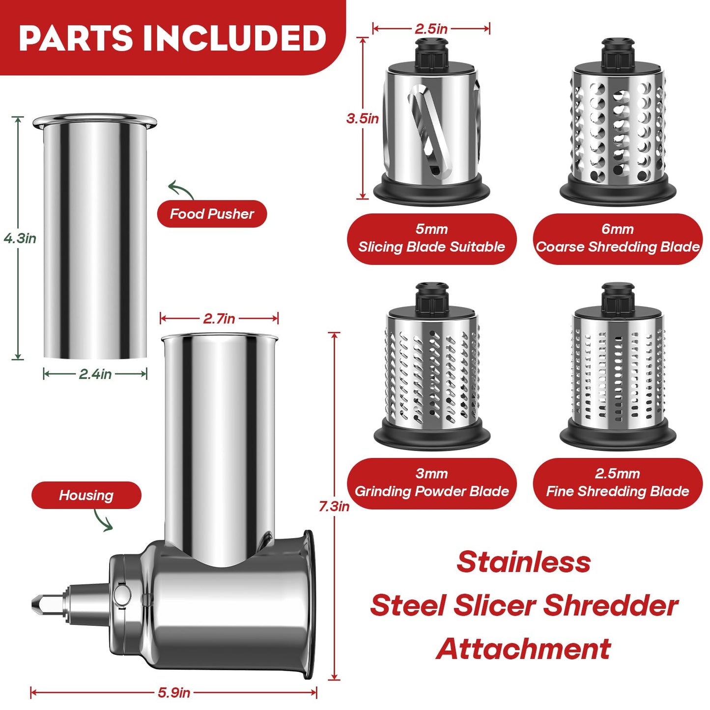 Stainless Steel Cheese Grater for Kitchenaid Mixer, For Kitchenaid Cheese Grater Attachment, Salad Maker, Grinding Powder, Dishwasher Safe with 4 Blades