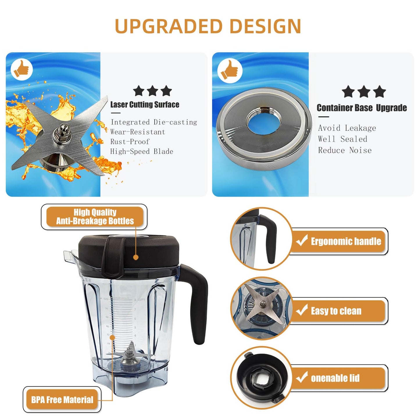Blender Pitcher 64 oz Low-Profile Container, Compatible with 5200, 750, 5000, 6300, 7500, vm0102, vm0103, vm0197, E310 - Classic/Explorian/Commercial Series Cups