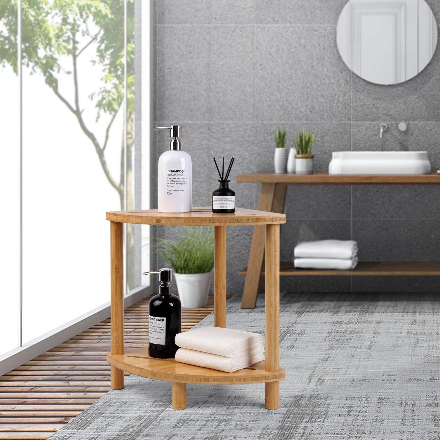 GUGIGIP Upgraded Bamboo Corner Shower Stool for Inside Shower Waterproof,2-Tier Shower Foot Rest with Storage Shelf,Corner Shower Shelf Bench Caddy Shaving Leg,Bath Seat,Gifts for Women Mom