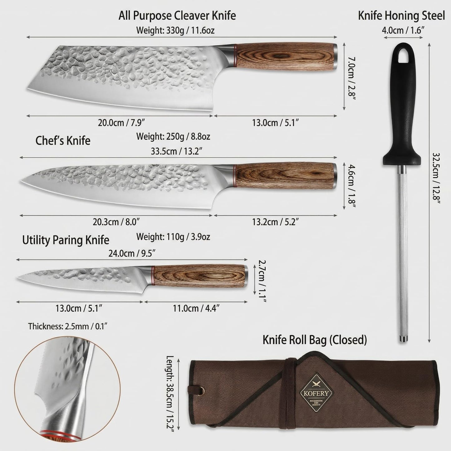 KOFERY 3 Piece Hammered Knife Set with Honing Steel & Bag, Forged High Carbon Steel Blades for Meat Cutting, Outdoor Cooking, BBQ, Culinary School Starter Kit for Student Chef