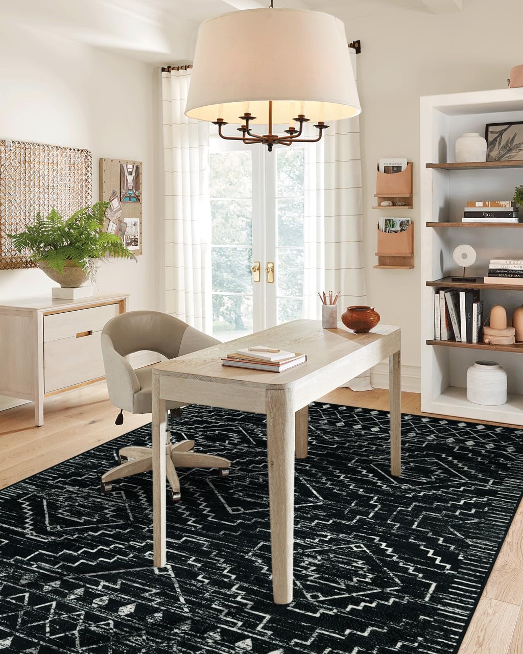 Wonnitar Moroccan Washable Rug 4x6, Black Boho Living Room Area Rug, Non-Slip Farmhouse Bedroom Carpet Dorm Room Throw Rug, Low Pile Soft Accent Mat for Kitchen Entry Office (Black,4'x6')