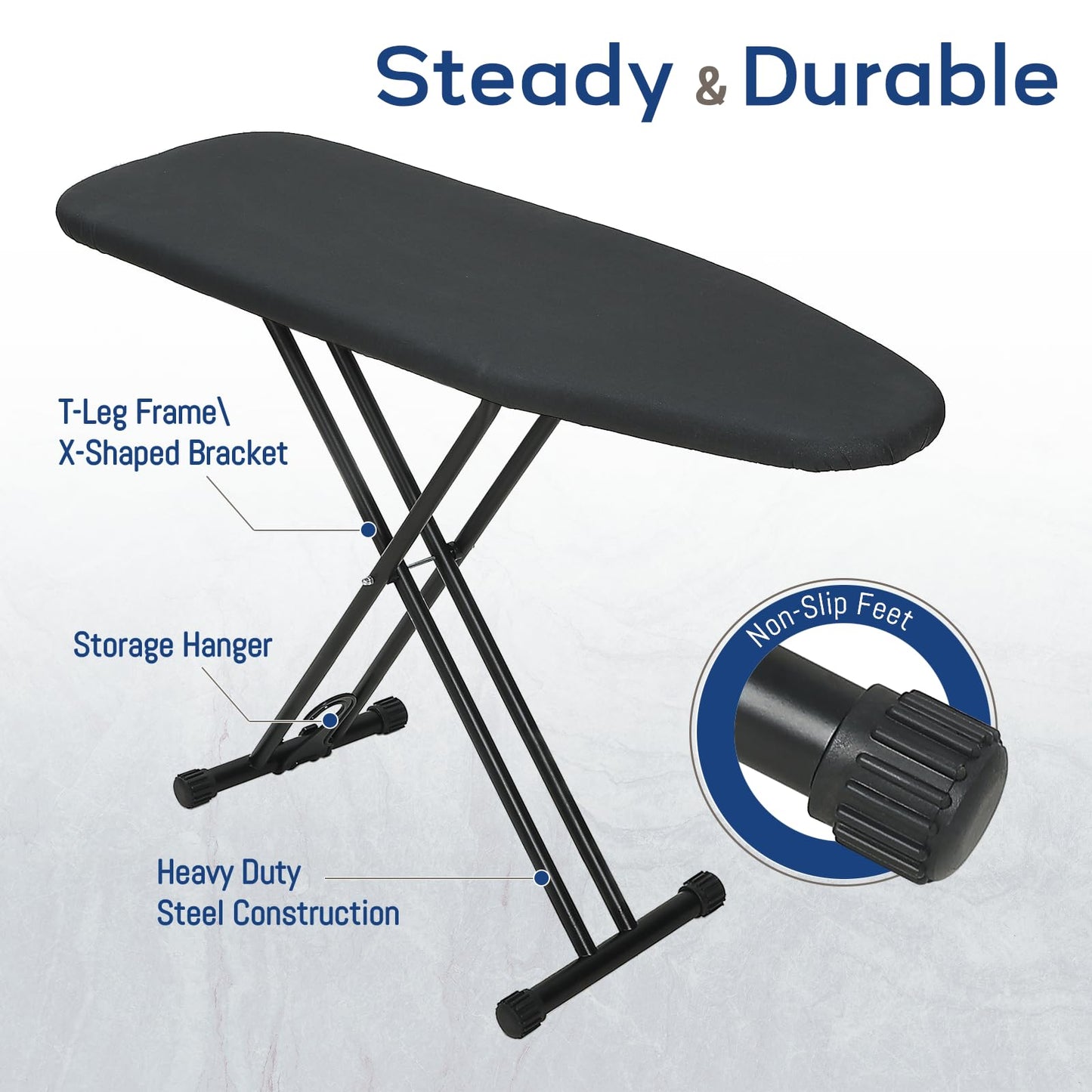 Ironing Board 43x13 with Iron Rest, RAINHOL Compact Iron Board Full Size with Thick Cover and Pad, Easy Storage Hanger with Heat-Resistant Silicone Pad, Space Saving and Height Adjustable, Black
