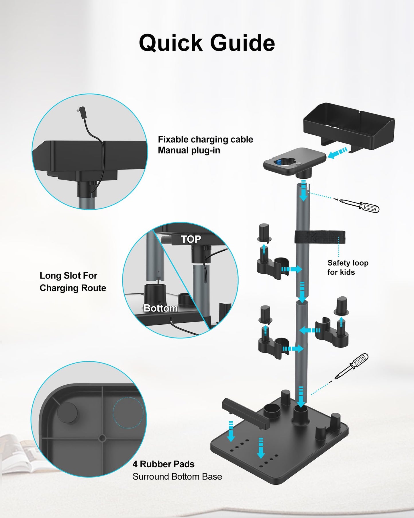 Portek Cordless Vacuum Stand, Height-Adjustable Stick Vacuum Standing Dock Station, 7 Accessory Holders Attachments Organizer and Storage Box (Max. 1.8" Vac Wand)
