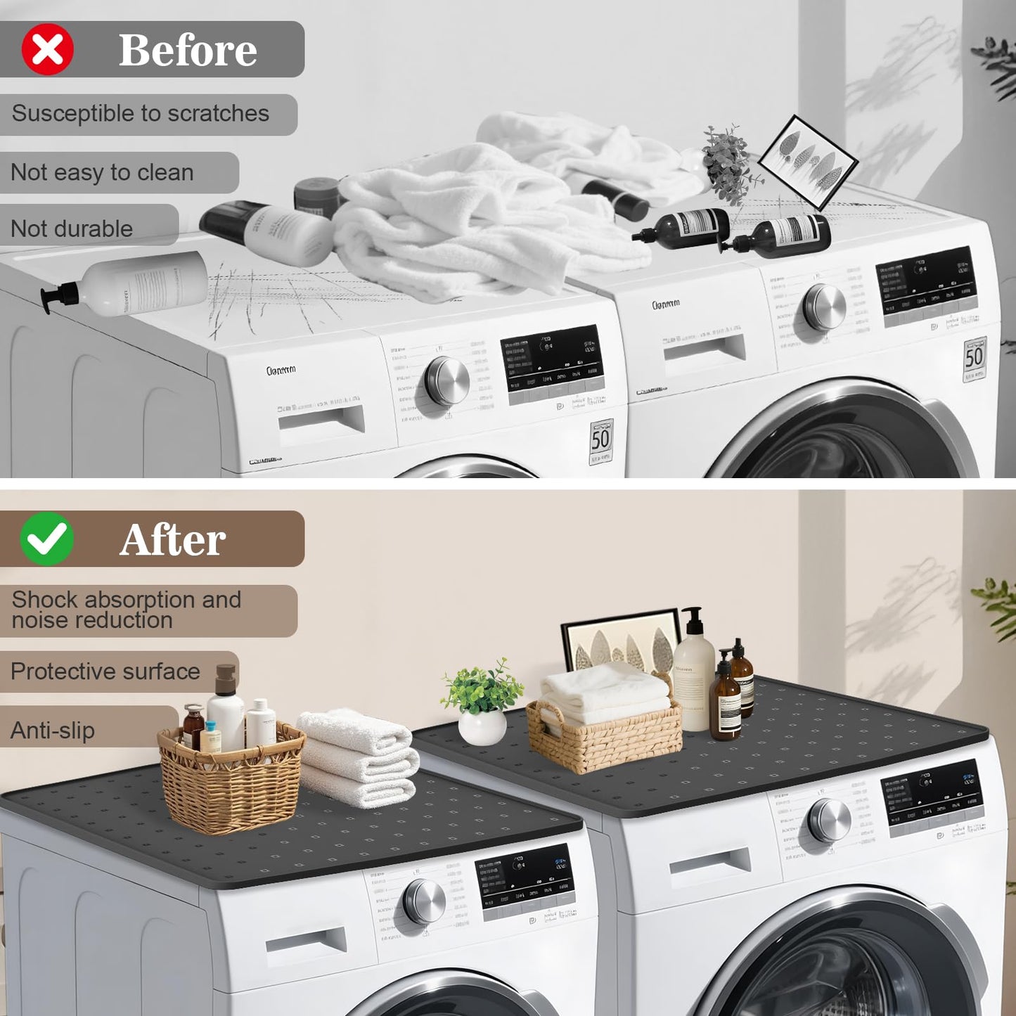 26"x26" Washer Dryer Top Protector Mat, 2-Pack Silicone Countertop Cover with Raised Edge, Non-Slip Waterproof Laundry Protector Pad (BLACK)