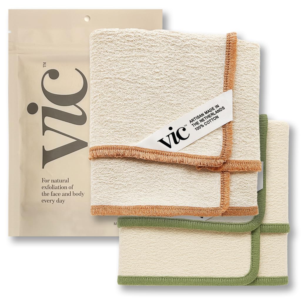 VIC Deep Exfoliating Face & Body Washcloth | Premium Natural Cotton | Intensive Skin-Renewing Texture | Artisan Made in The Netherlands | 14” x 17”, 2-Pack