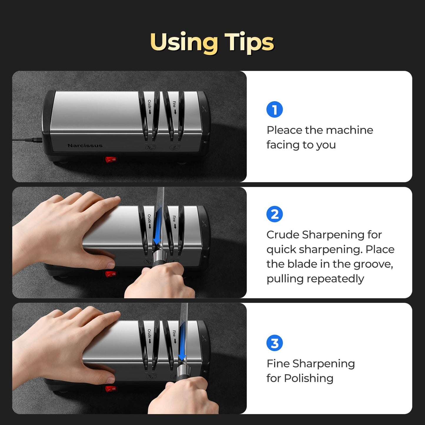 Narcissus Knife Sharpener, Diamond Abrasives Electric Knife Sharpener for Stainless Steel and Ceramic Knives, with Scissors Sharpener & Metal Dust Collection Box, Quick Sharpening & Polishing, Silver