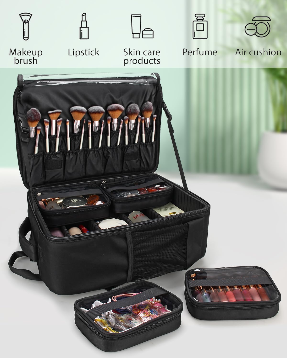 Makeup Backpack Makeup Artist Bag Professional Makeup Bag Extra Large Makeup Case Travel Train Case Storage Organizer Large Capacity Cosmetic Case with 4 Small Bag (Black, Large)