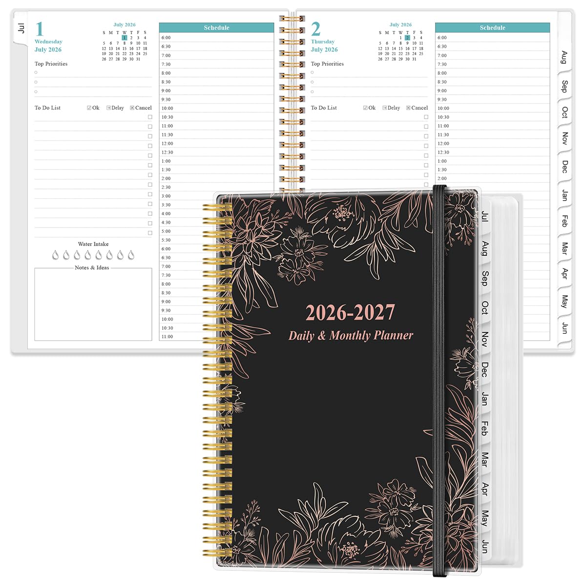 Daily Planner 2026-2027 Full Page Per Day- 2026-2027 Daily & Monthly Planner from July 2026 to June 2027, Day Planner 2026-27 with 12 Months Tabs, 8.5" x 11", Black Flowers