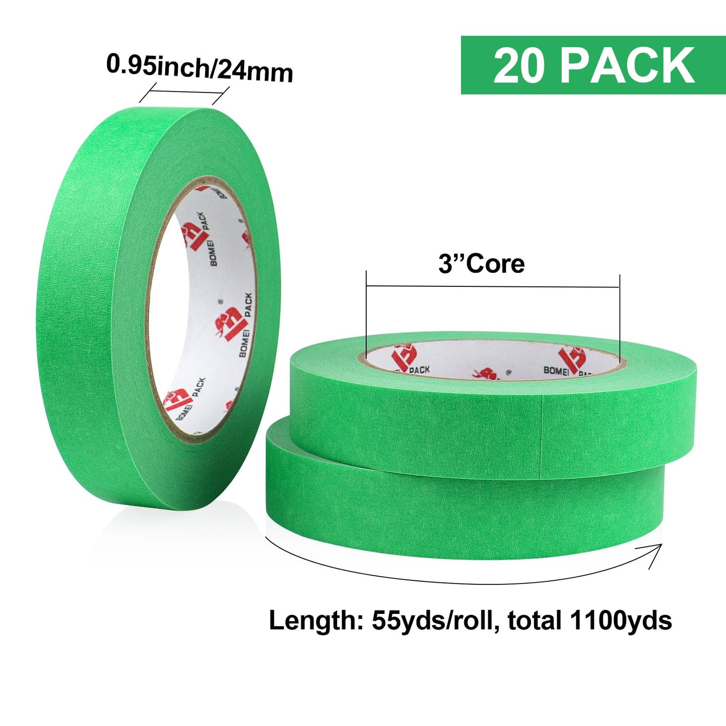 BOMEI PACK Green Painters Tape 1 Inch Bulk - Paint Tape 20 Rolls x 1 Inch x 55 Yards - Green Masking Tape for Walls Painting, DIY Crafting, Edge Finishing and School Projects, Total 1100 Yards