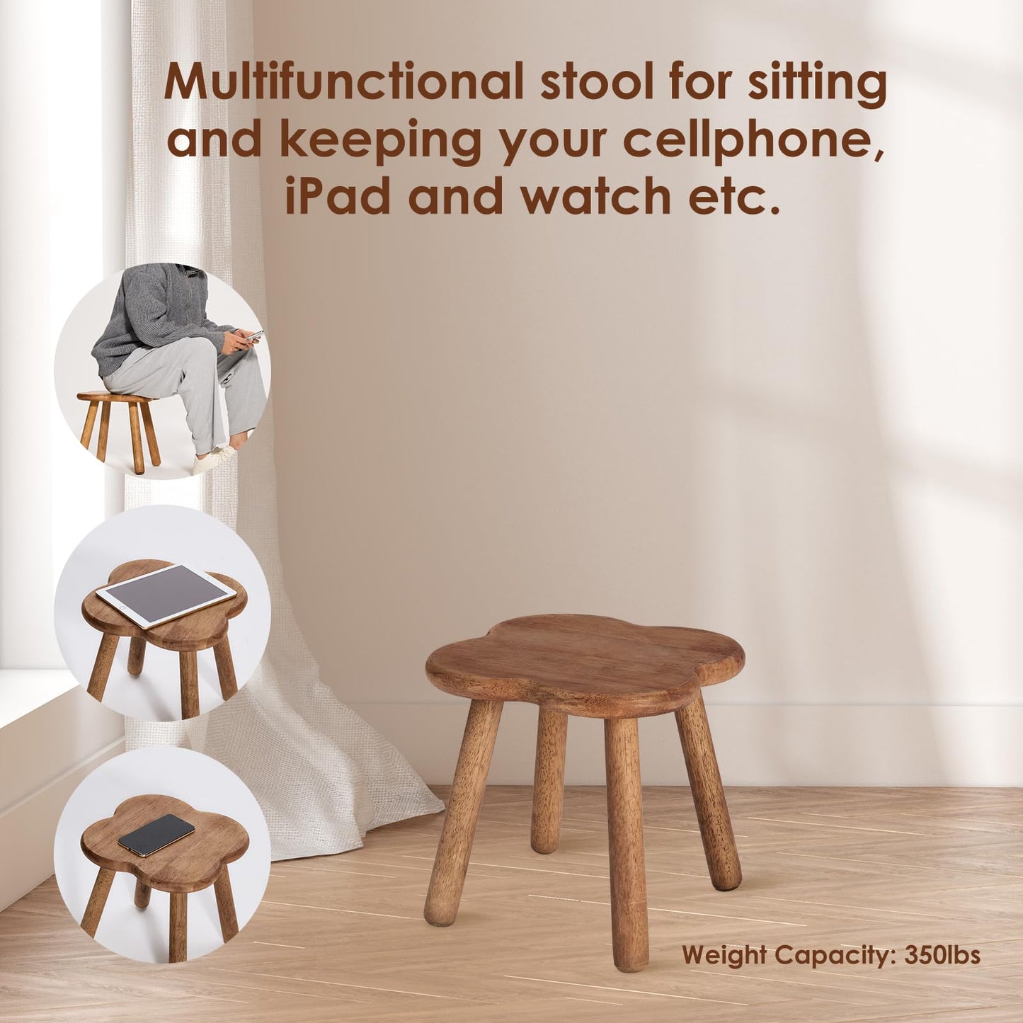JUJIAFU 11.6inch Wooden Step Stool for Adults Small Wooden Stool Perfect Matched Sensory Table Great Assistant for Kitchen Bathroom Living Room Bedroom Garden (Full Body Natural Real Wood)