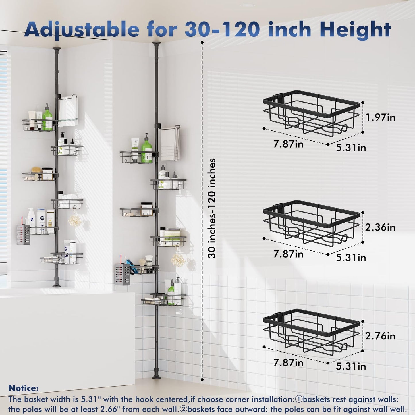 Shower Caddy Organizer Tension Pole, Rustproof 6-Pack Corner Shelf with 30-120 Inch Adjustable Shower Rack for Inside Shower, Extra Towel Bar & Soap Dish for Bathroom Organizers and Storage, Black