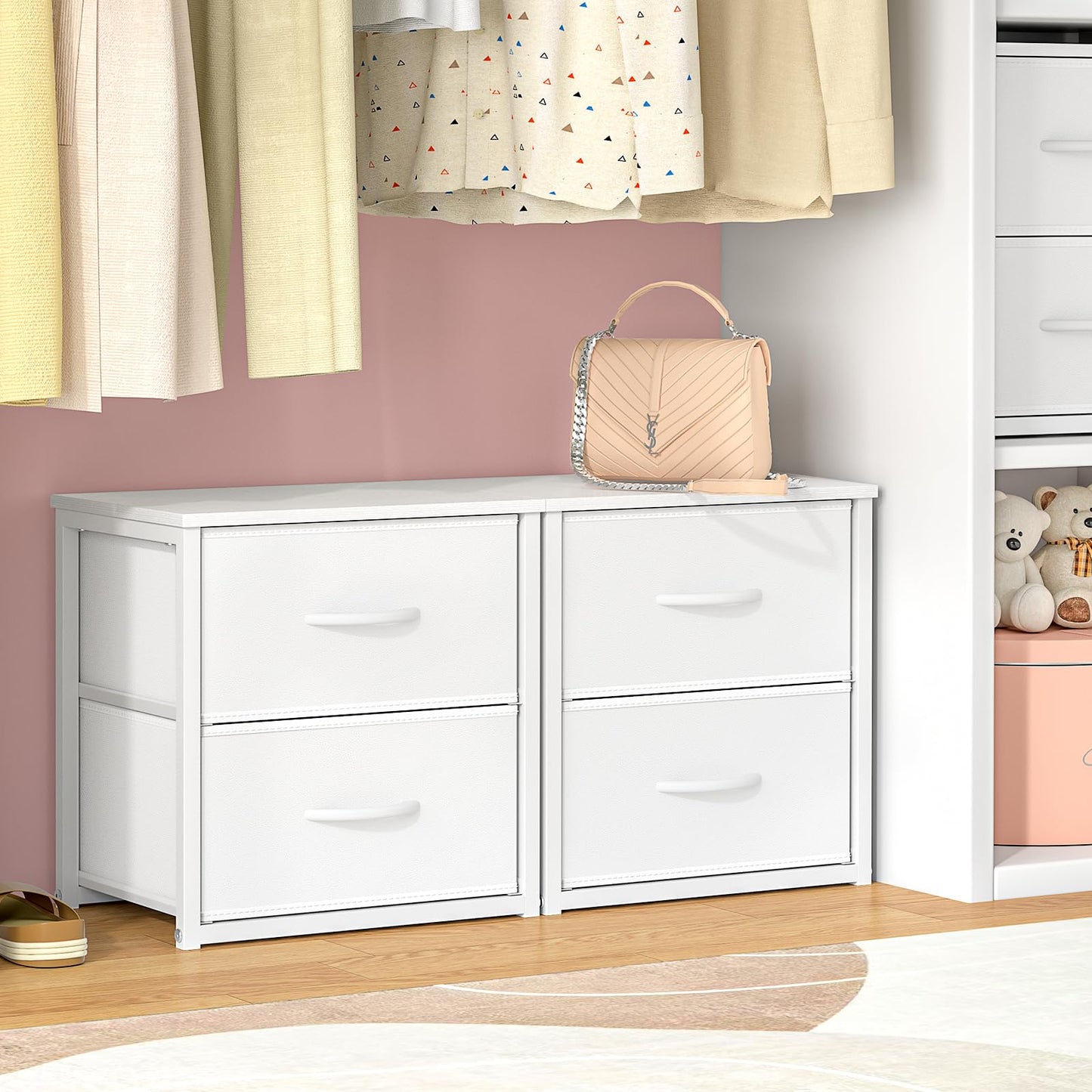 DAOUTIME 2-Pack Stackable Storage Drawers (4 Drawers Total), White Closet Organizer with Wooden Top & Metal Frame, Freestanding or Stackable Dresser for Bedroom, Living Room, Under Bed