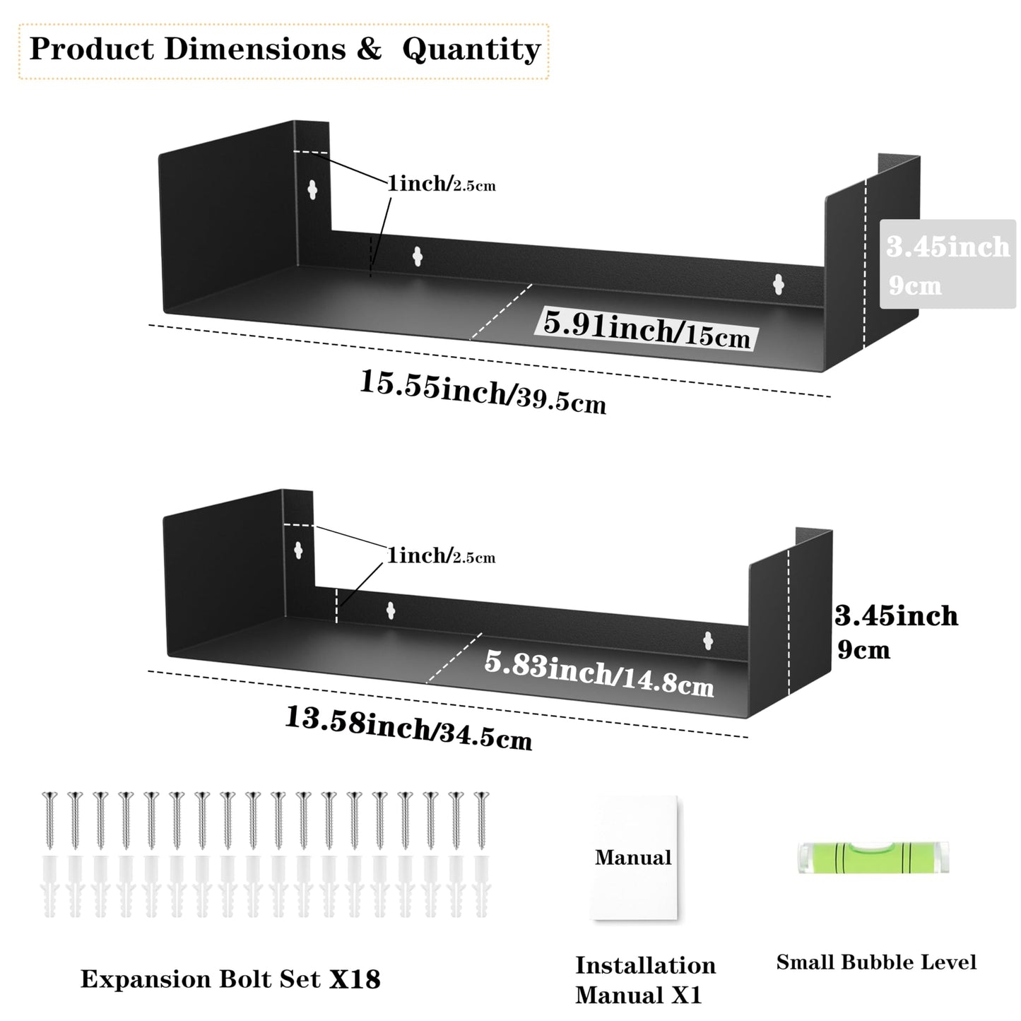 YFEEN Metal Bali Floating Wall Shelves 15.5&13.8INCH for Storage and Decor Wall Mounted CD DVD&Books Perfume, Make up Storage Shelves Living Room, Bedroom, Bathroom & Kitchen,4P,Black