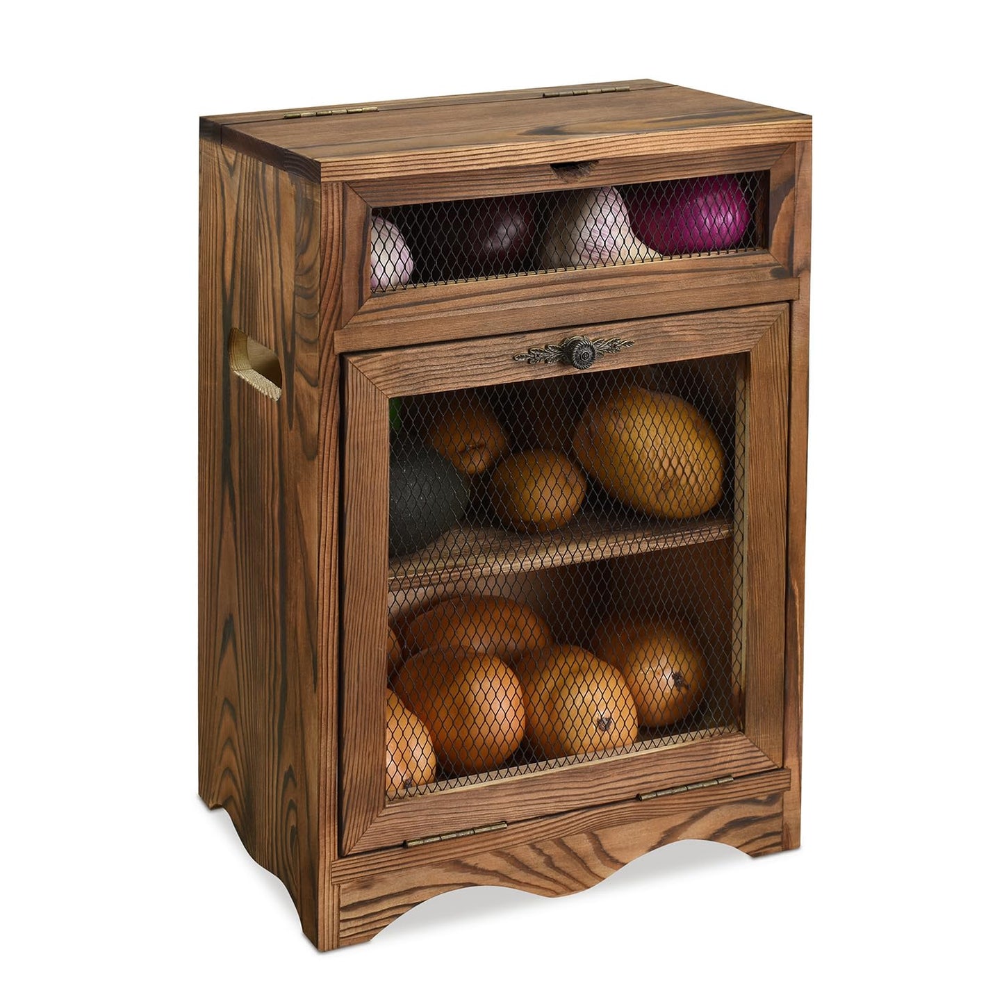 Ikee Design Free Assemble Wooden Countertop Potato and Onion Storage Bin Box,Countertop Cabinet, Wooden Bread Boxes, Potato Storage, Coffee Station, 11.8W x 6.8D x 16H in, Rustic Color
