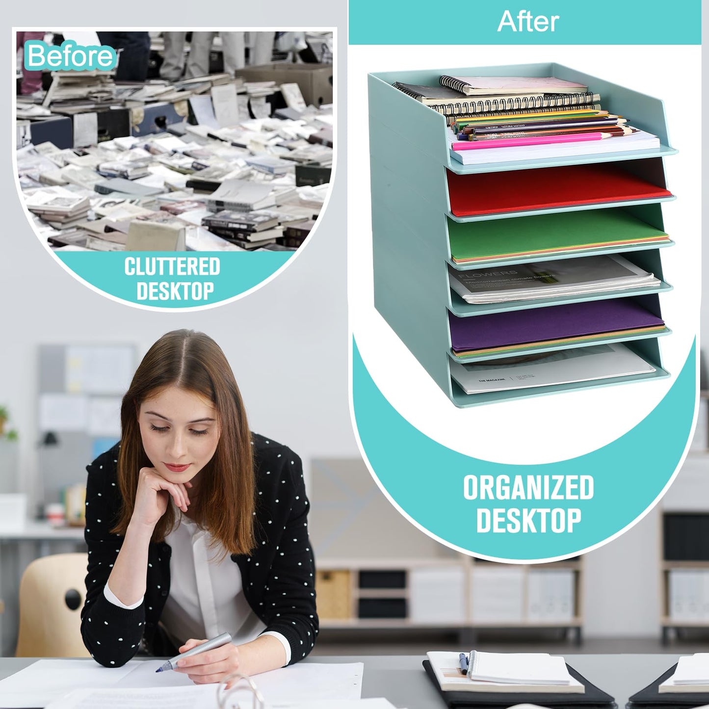 Tatuo 6 Pack Stackable Paper Trays Plastic Letter Tray Desk Organizer Paper Holder Organizer Storage Office Desk Accessories for Classroom Magazine File Documents 12.8 x 9.45 x 1.97, Blue Green