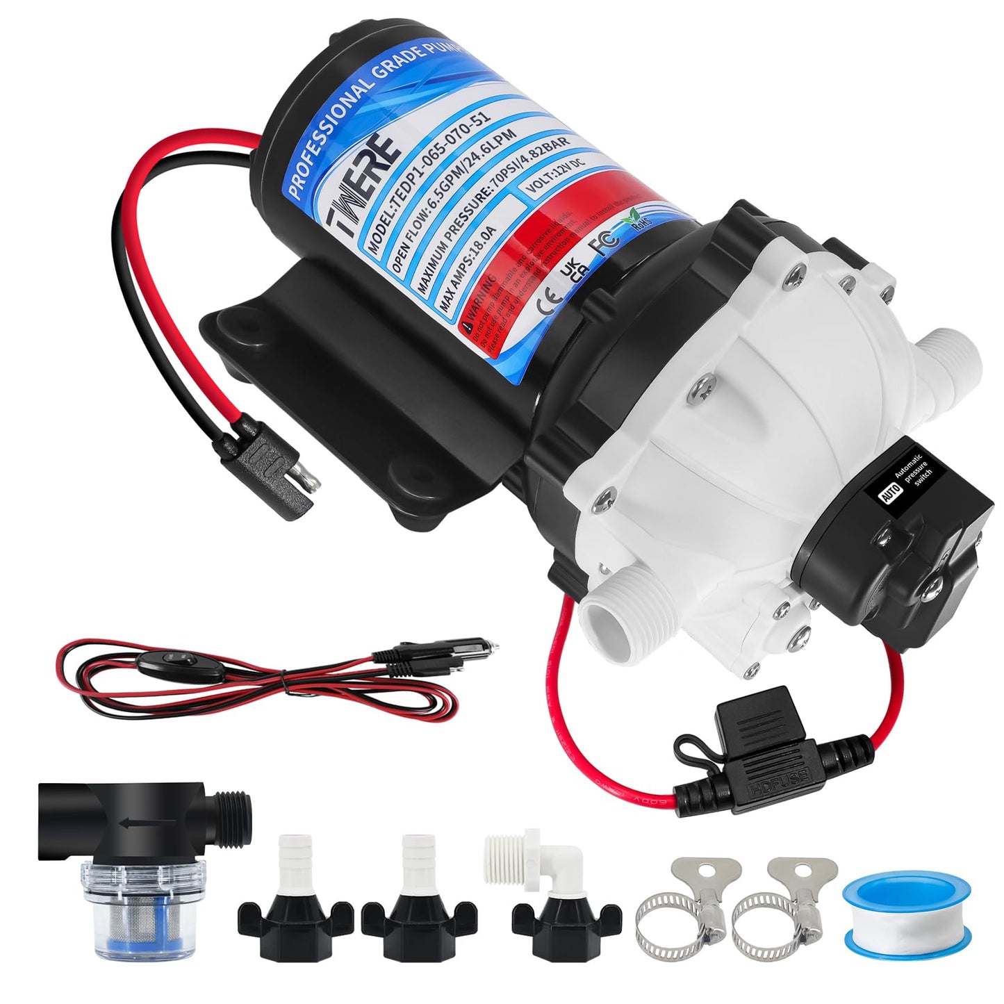 12V Pump,6.5GPM,70Psi Diaphragm Water Pump,Self Priming Up to 10 Feet,Ideal for RV,Marine,Yacht Sprayer and Pressure Washing-1/2 MNPT Connection