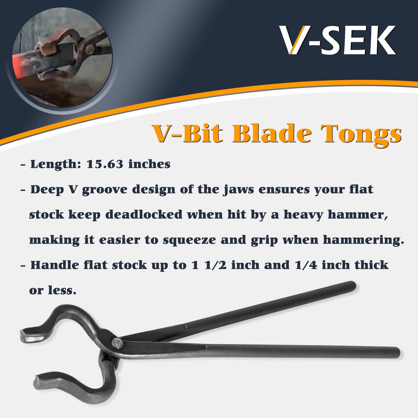 V-SEK Blacksmith Tongs Set - V-Bit Blade, Flat, and Assembled Tongs for Knife Making, Blacksmithing, and Bladesmithing (3PCS Steel Forge Tongs)