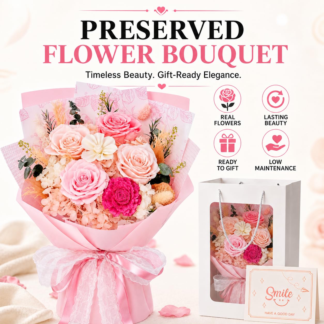 Pink Preserved Flowers Bouquet, Eternal Real Flower for Women Real Roses That Last 3 Years Handmade Floral Arrangement for Mother's Day Birthday Gifts Anniversary Surprise for Mom Women Her