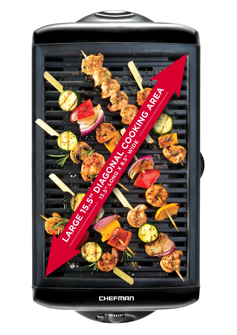 Chefman Electric Smokeless Indoor Grill w/ Non-Stick Cooking Surface & Adjustable Temperature Knob from Warm to Sear for Customized BBQing, Dishwasher Safe Removable Water Tray, Black